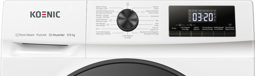 Gros plan sur le panneau de commande d'un lave-linge blanc. Il affiche l'heure et les paramètres.