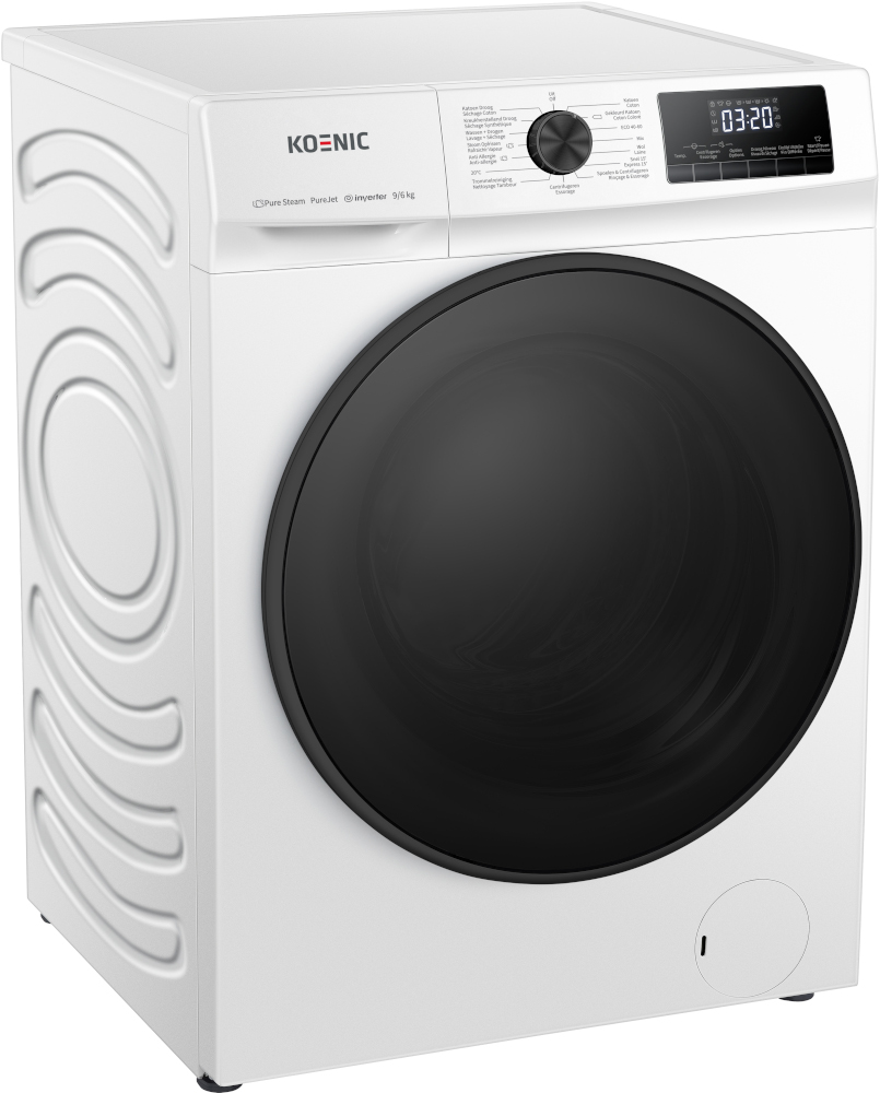 Un lave-linge blanc avec une porte noire. Le panneau de commande affiche « 03:20 ».