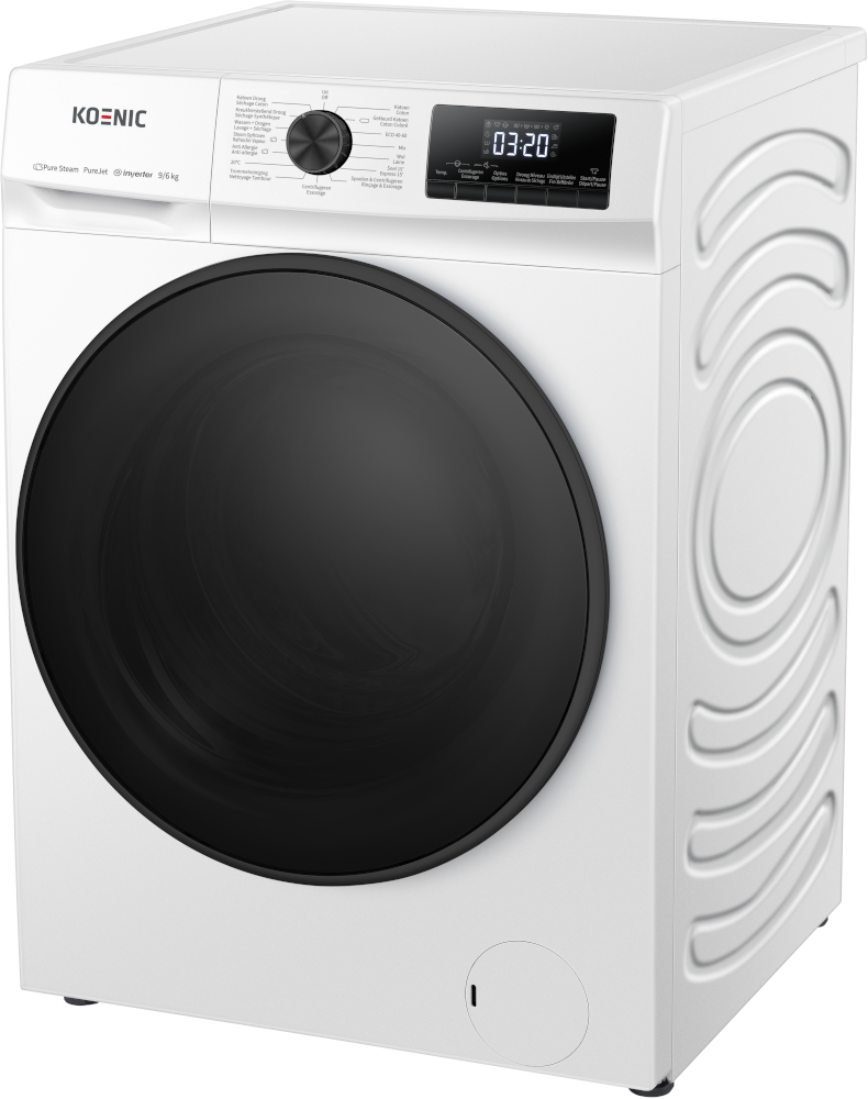 Une machine à laver blanche avec une porte noire et un affichage numérique, vue en angle.