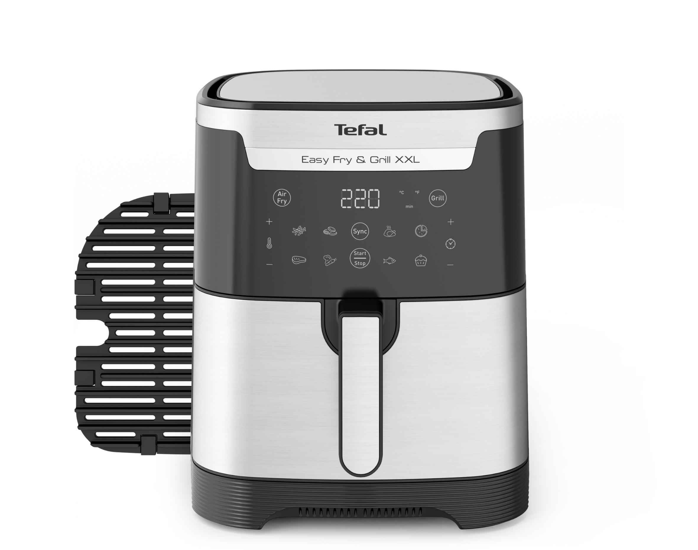 Silber-schwarze Heißluftfritteuse mit Digitalanzeige und Bedienfeld. Isoliert.