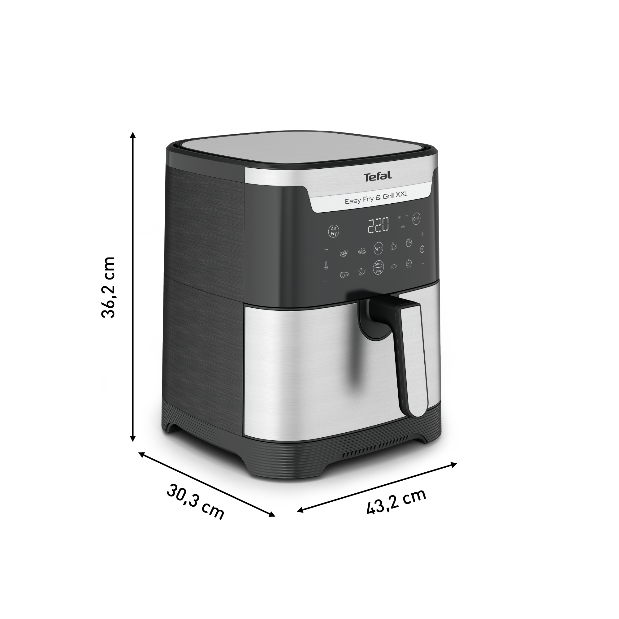 Tefal Easy Fry & Grill XXL Heißluftfritteuse, schwarz und silber, mit sichtbaren Abmessungen.