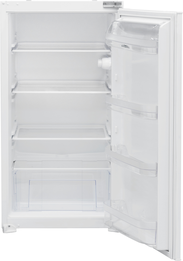 Réfrigérateur blanc, porte ouverte, intérieur visible. Étagères, tiroirs et compartiments de porte.