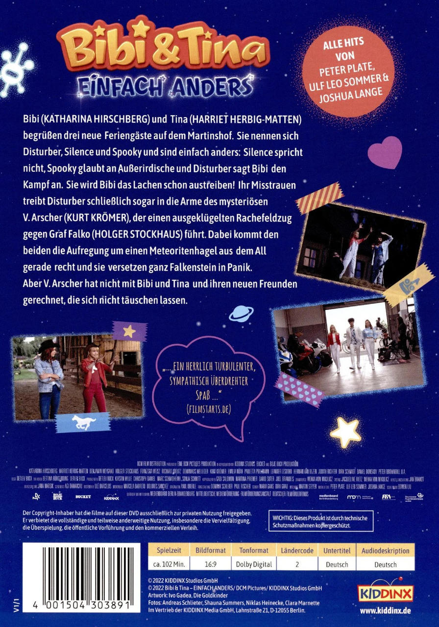 Rückseite einer DVD-Hülle mit Text und Bildern aus dem Film 'Bibi & Tina'.