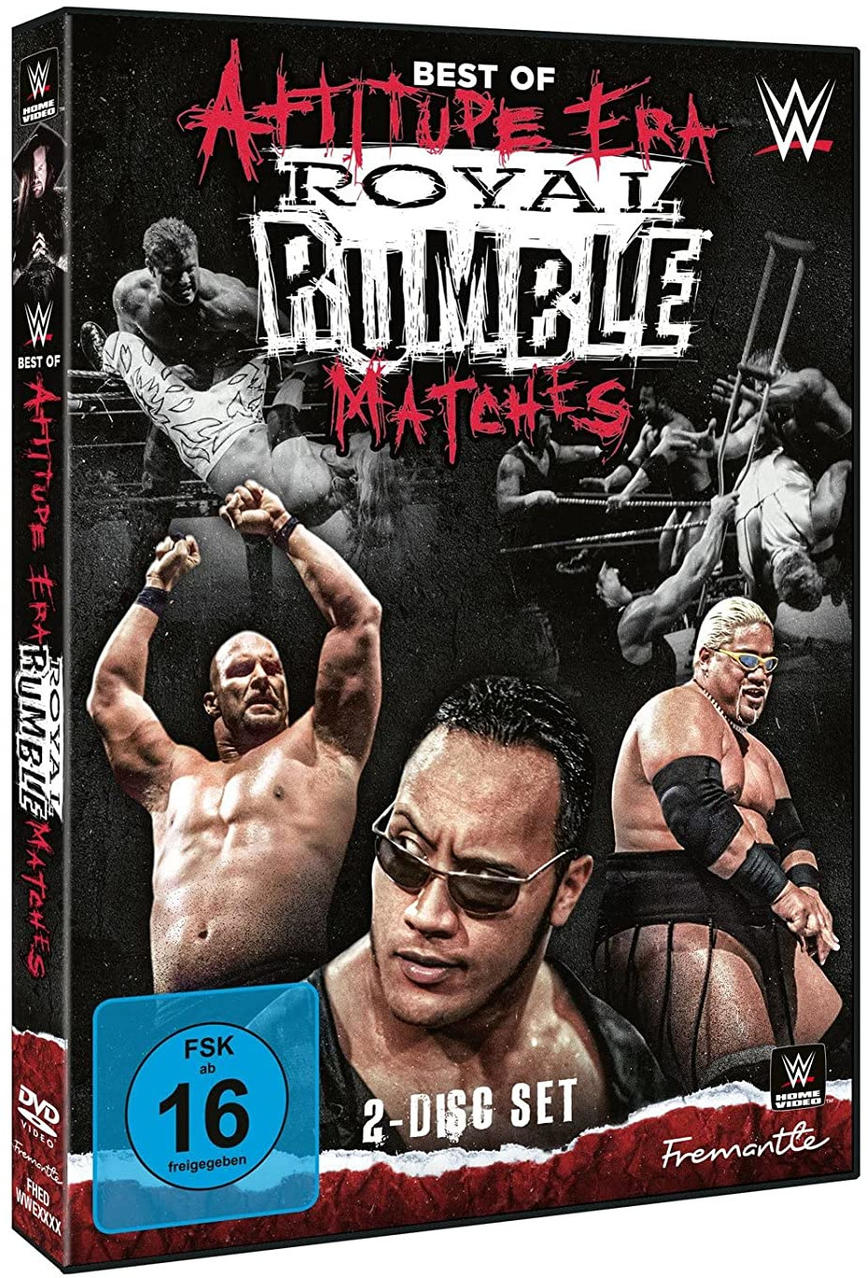 DVD-Hülle mit Wrestling-Figuren, Text: Attitude Era Royal Rumble Matches.