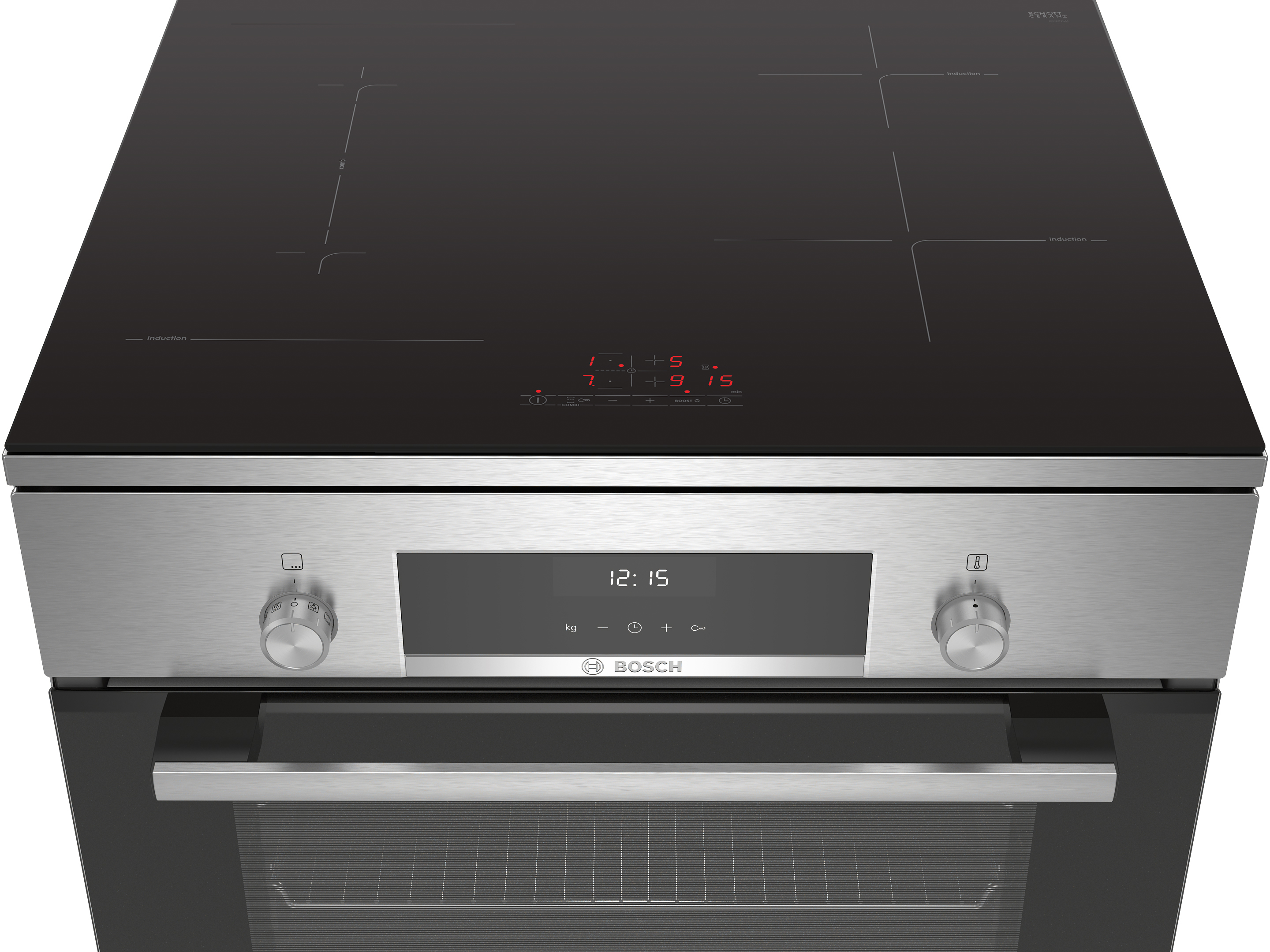 A black glass cooktop with a stainless steel oven. Display shows 12:15.