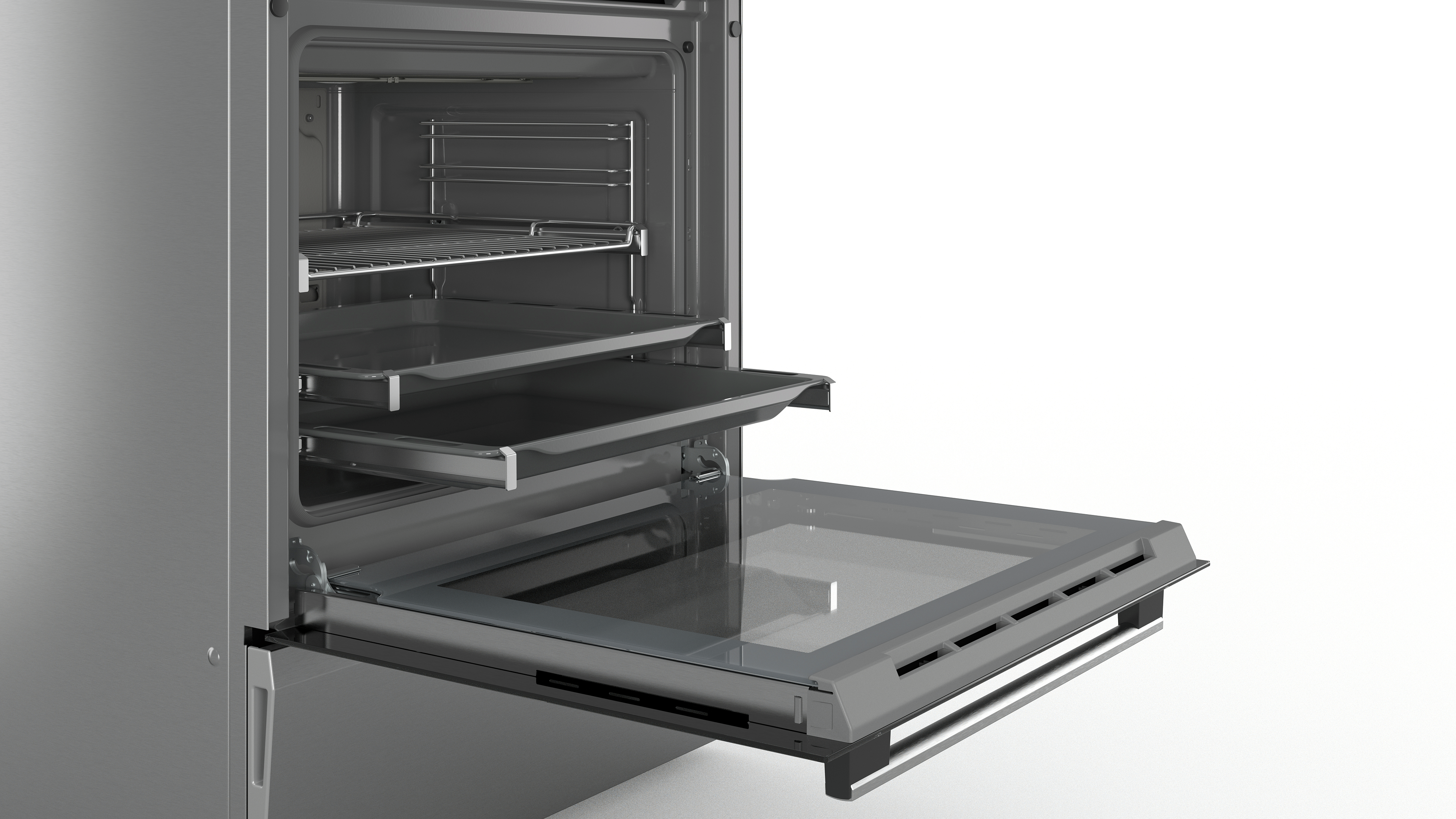 Open oven showing racks and trays. Stainless steel exterior.