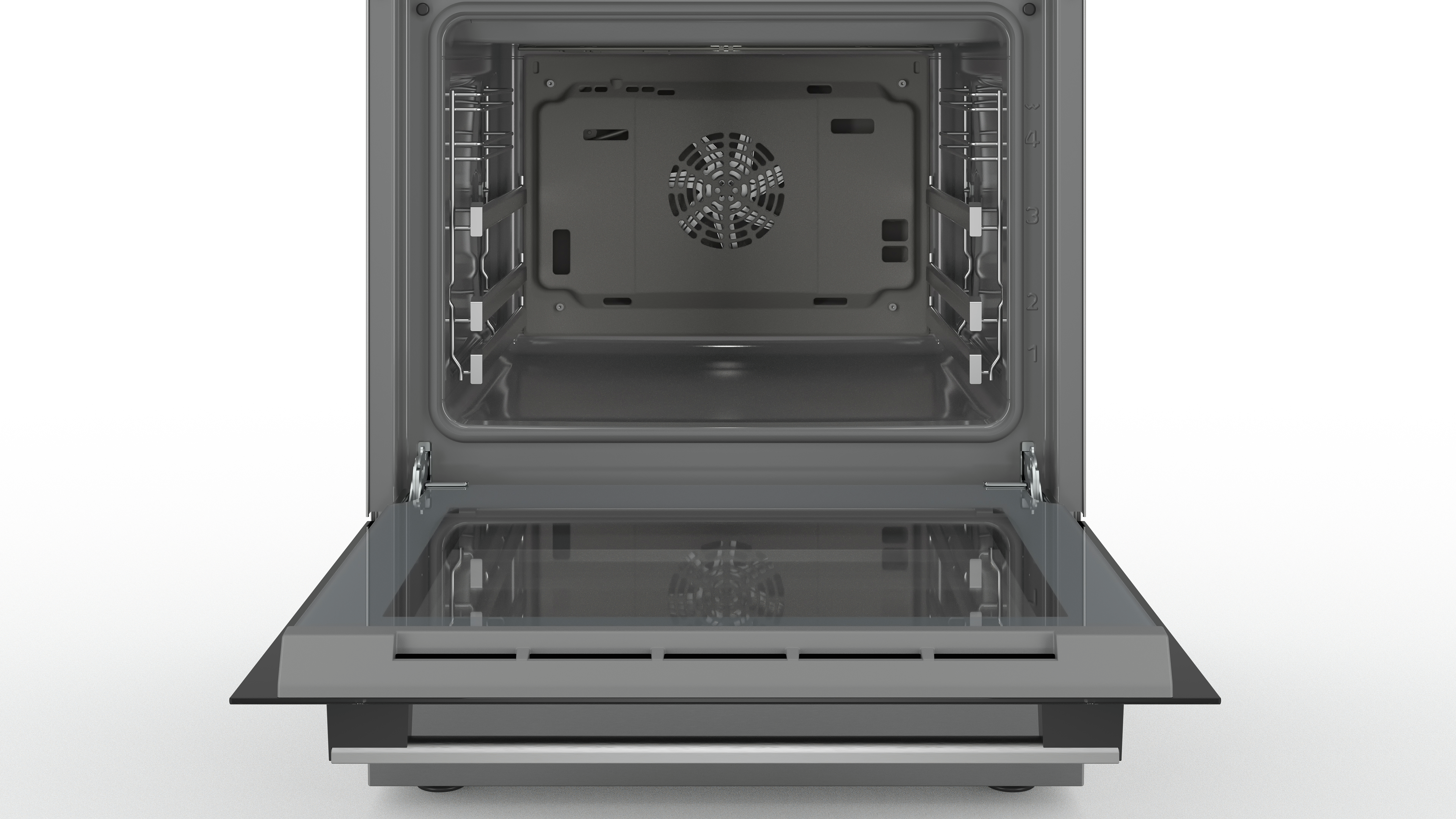 Opened oven interior. Stainless steel with a fan in the back and a glass door.