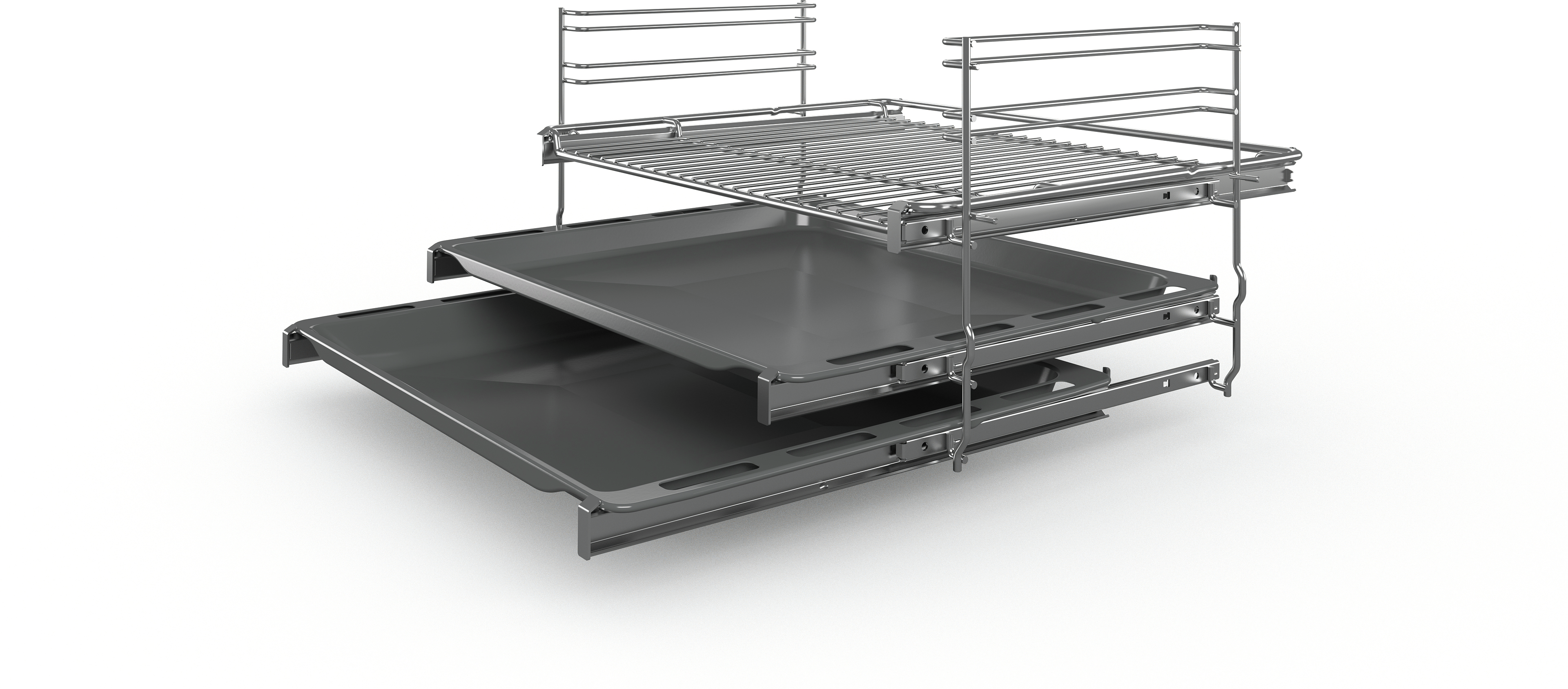 An oven rack and trays on a white background. The rack is above the trays.