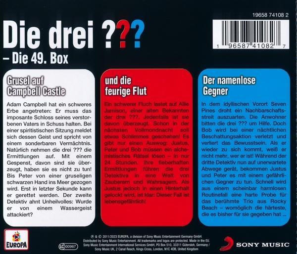 Rückseite eines Buches mit Text und Bildern. Text: Die drei ??? - Die 49. Box.