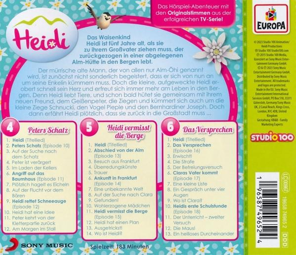 Rückseite einer Heidi-DVD mit dem Logo der Show und Episodenlisten.