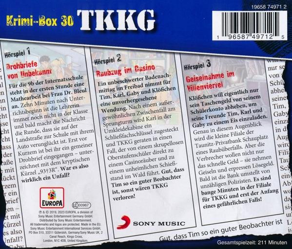 Rückseite eines TKKG-Hörspiels, mit Text und Bildern zur Geschichte auf Deutsch.