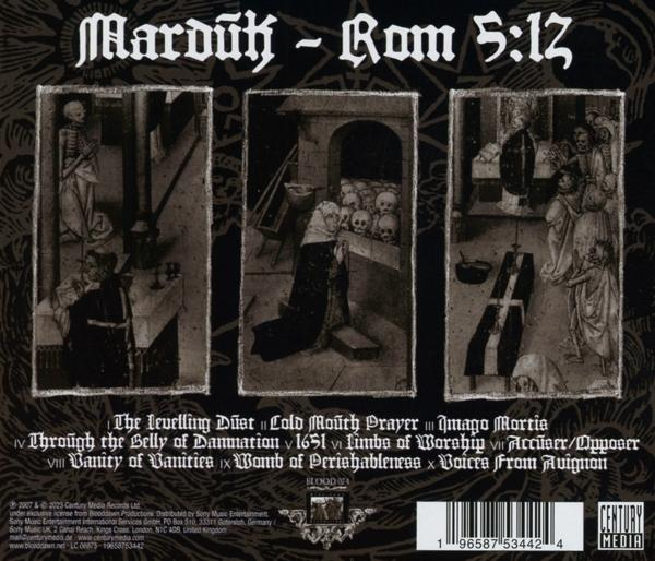Rückseite eines CD-Covers mit Text und Illustrationen. Hintergrund: weiß. Vordergrund: CD-Cover.