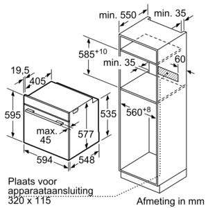 Diagramme d'un four encastré avec dimensions en mm. Fond blanc.