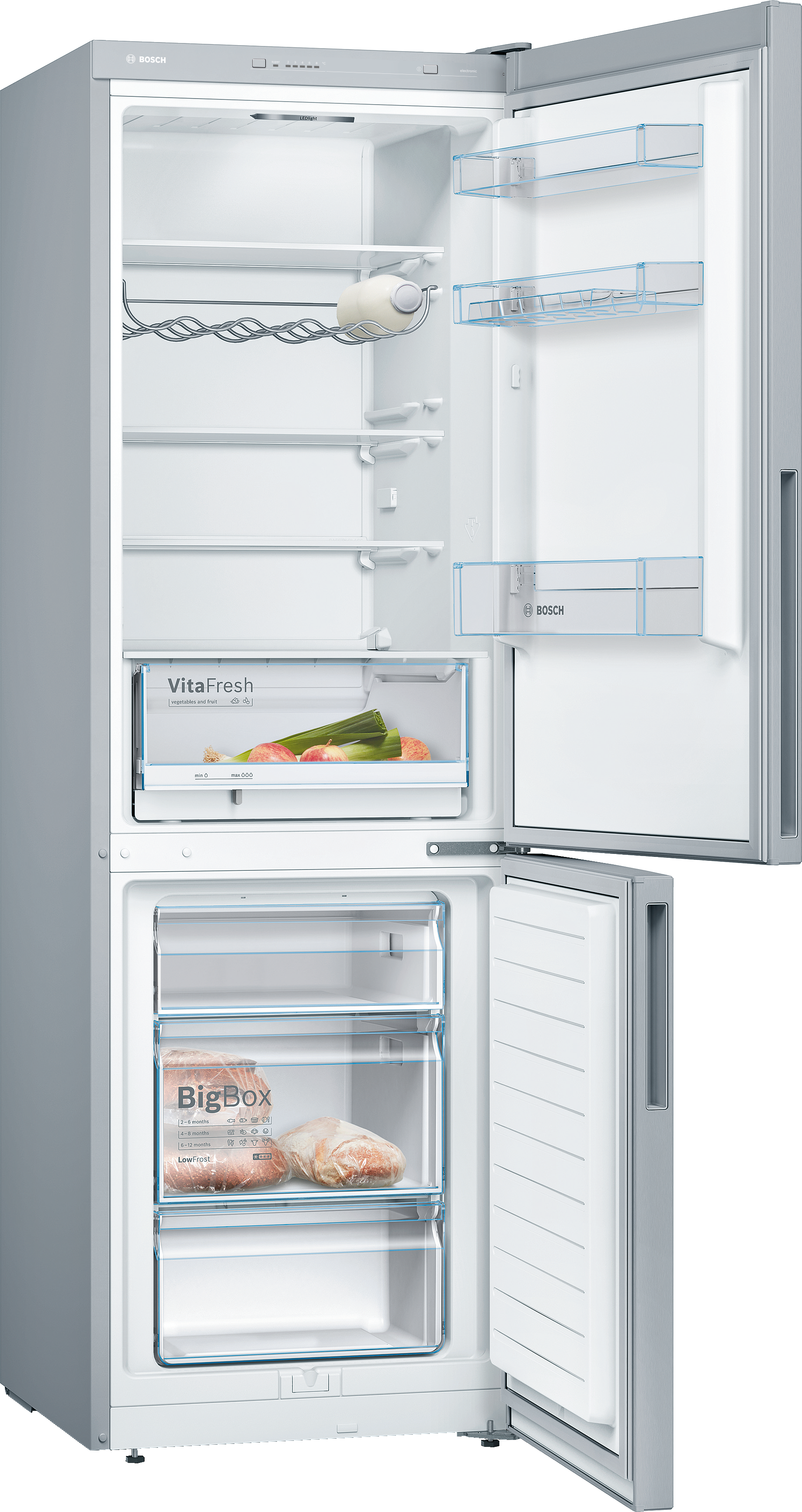 Silberner Bosch Kühlschrank mit geöffneten Türen, die Innenfächer zeigen.