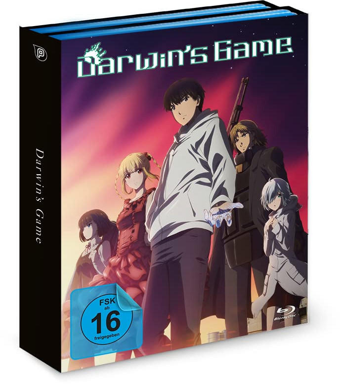 Ein Box-Set des Anime Darwin's Game, mit Charakteren und Text auf dem Cover.