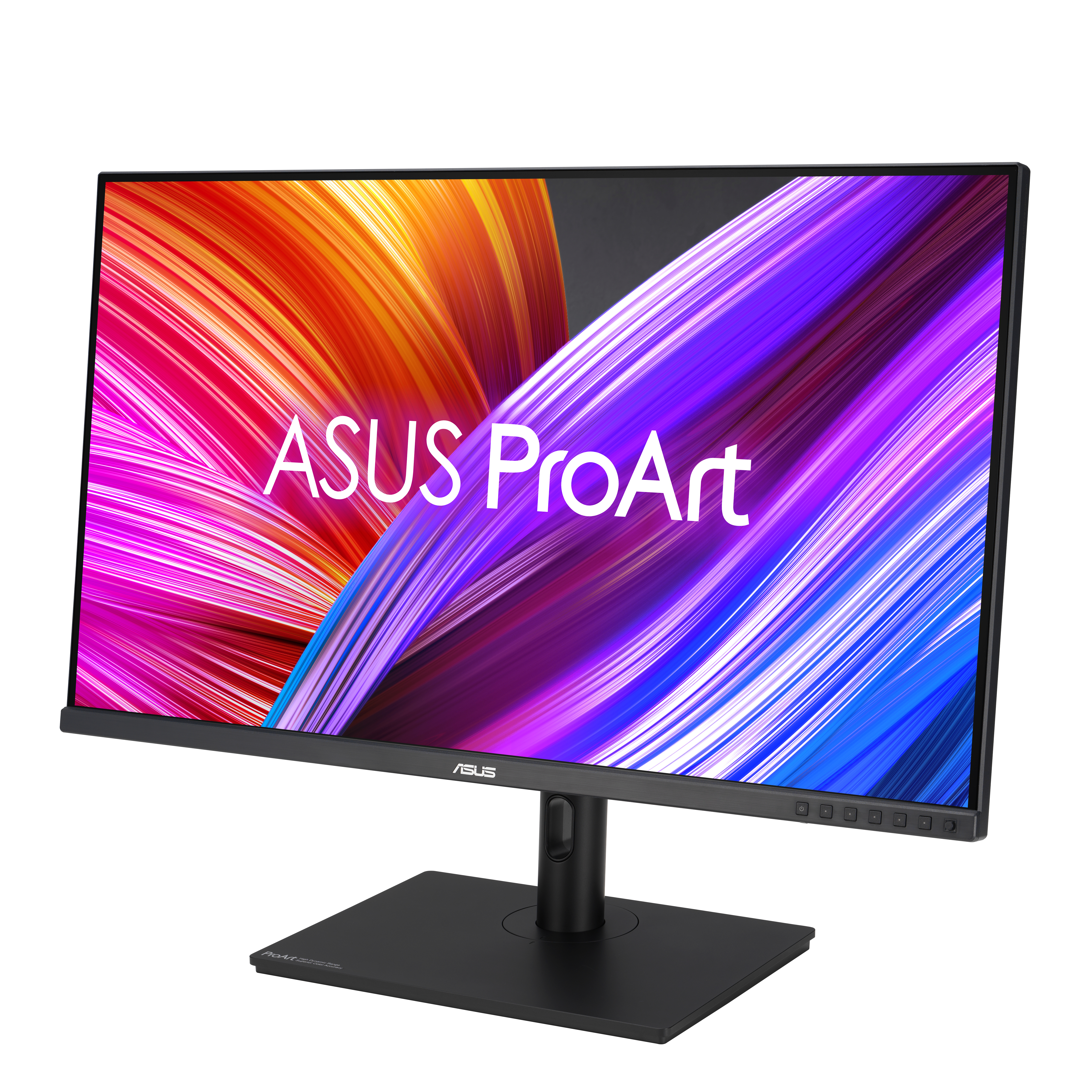 Ein ASUS ProArt Monitor mit einem bunten abstrakten Bild. Der Monitor steht auf einem schwarzen Ständer.
