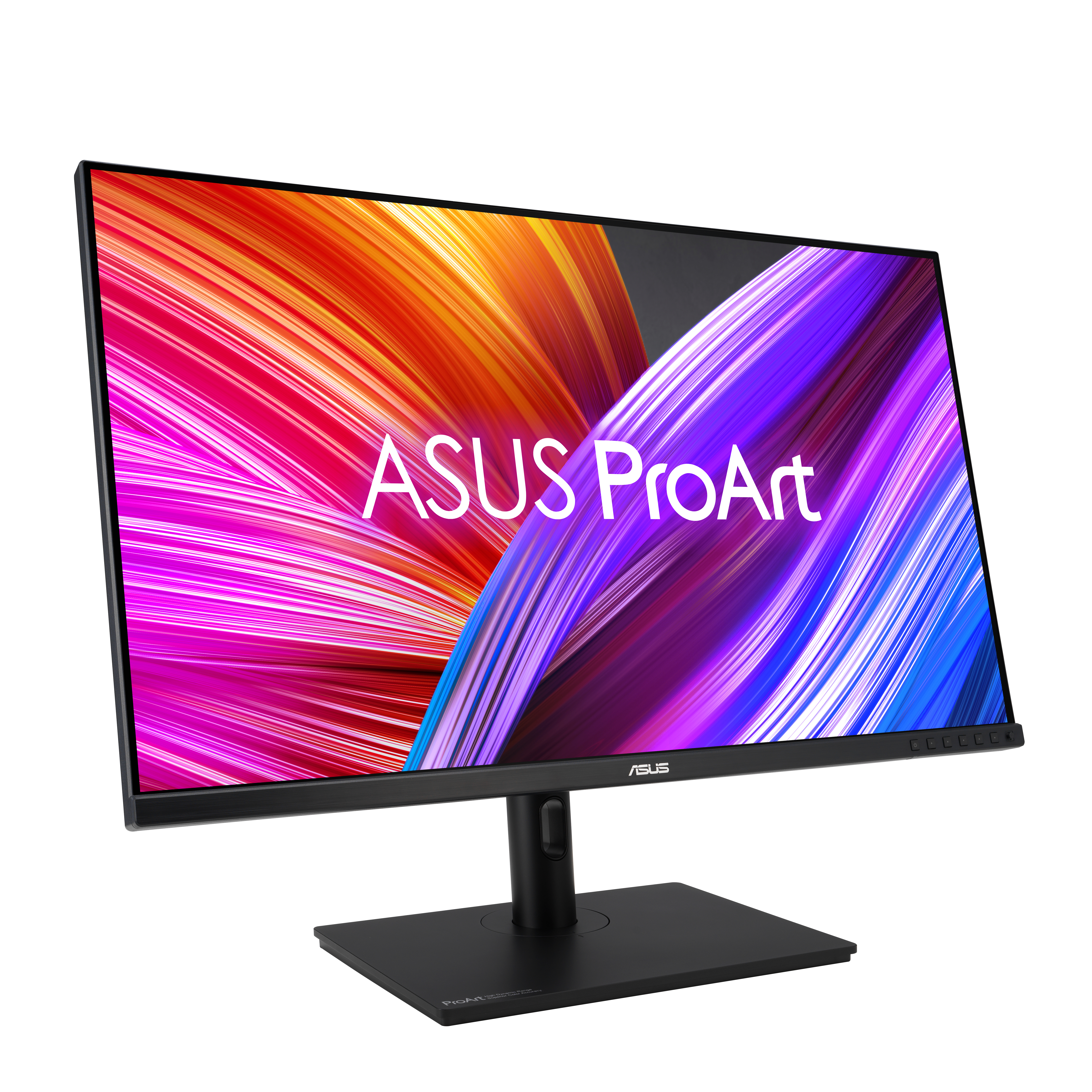 Ein schwarzer Computermonitor. Der Bildschirm zeigt ein farbenfrohes Bild mit den Worten 'ASUS ProArt'.