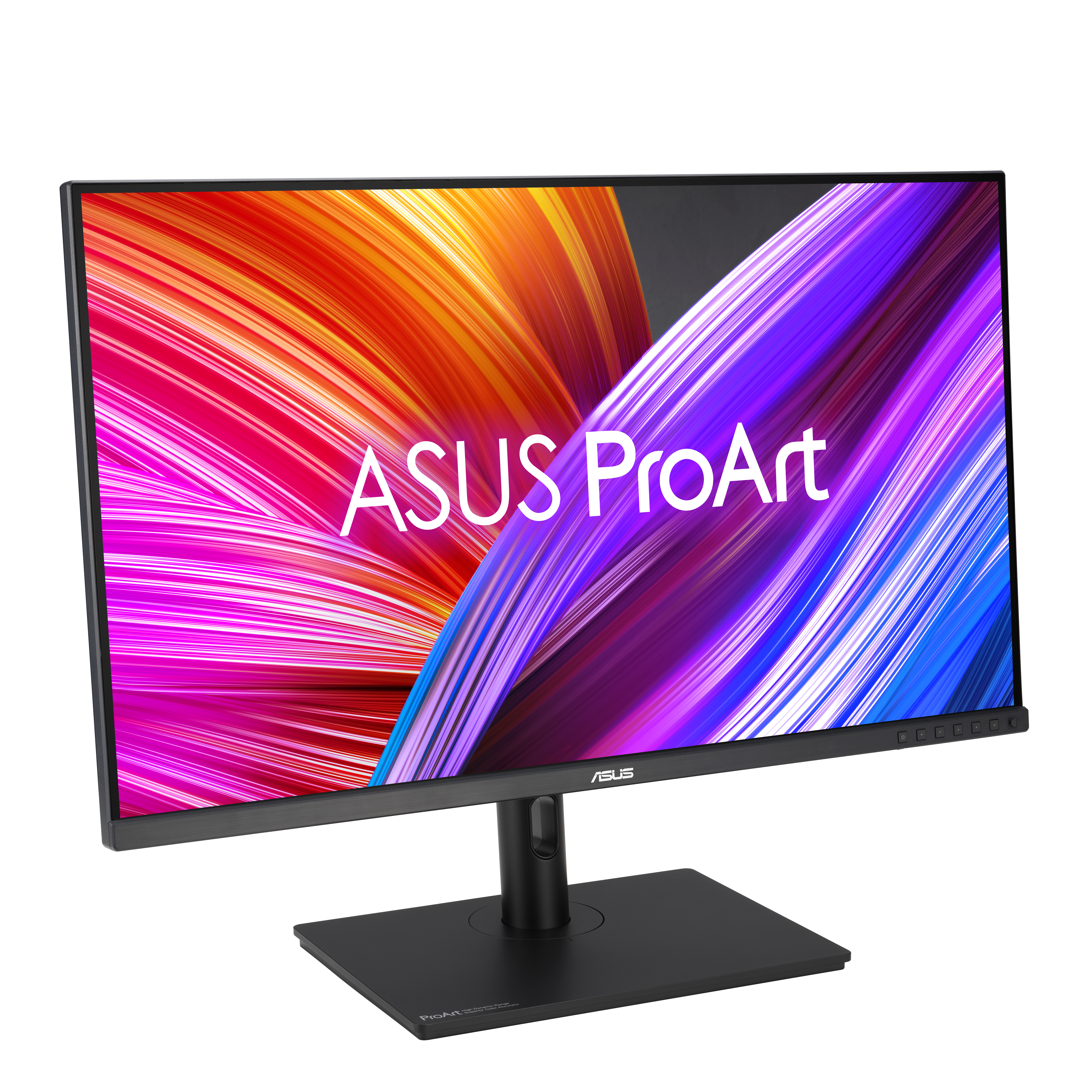 Ein ASUS ProArt-Monitor auf einem schwarzen Ständer. Der Bildschirm zeigt farbenfrohe abstrakte Kunst.