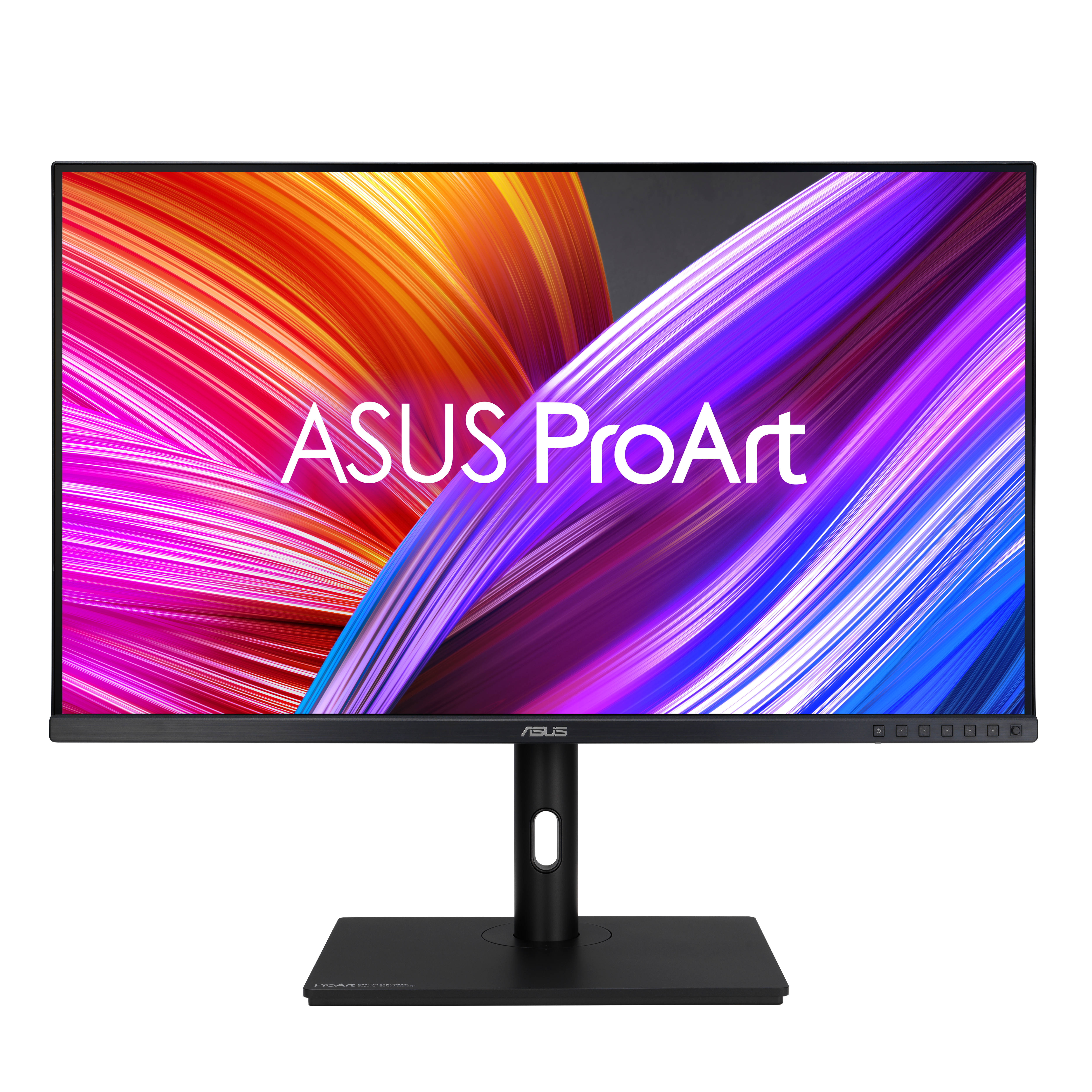 Ein ASUS ProArt-Monitor wird angezeigt, der ein farbenfrohes, abstraktes Design zeigt. Der Ständer ist schwarz.