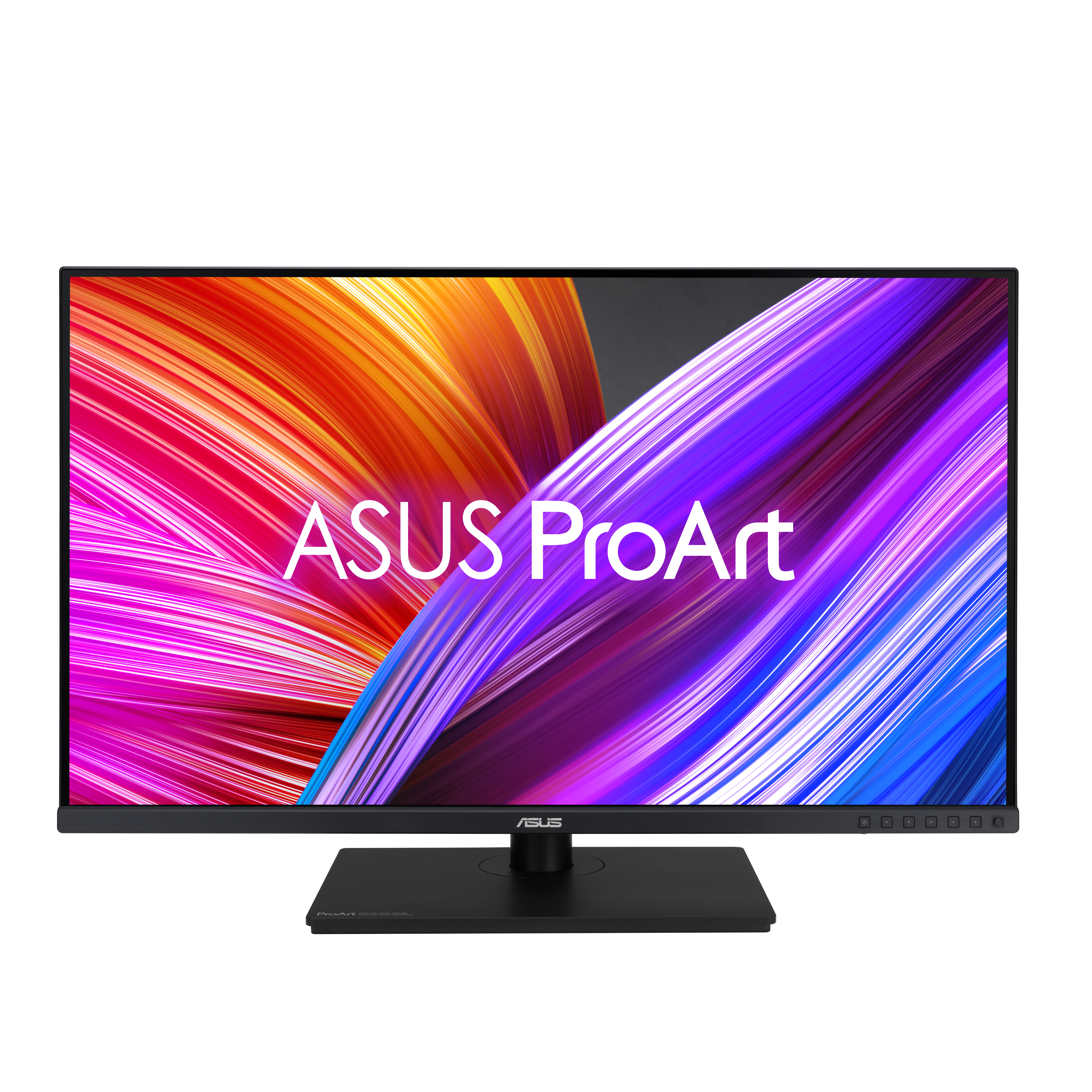 Asus ProArt Monitor mit farbenfroher Anzeige. Schwarzer Ständer und Blende.