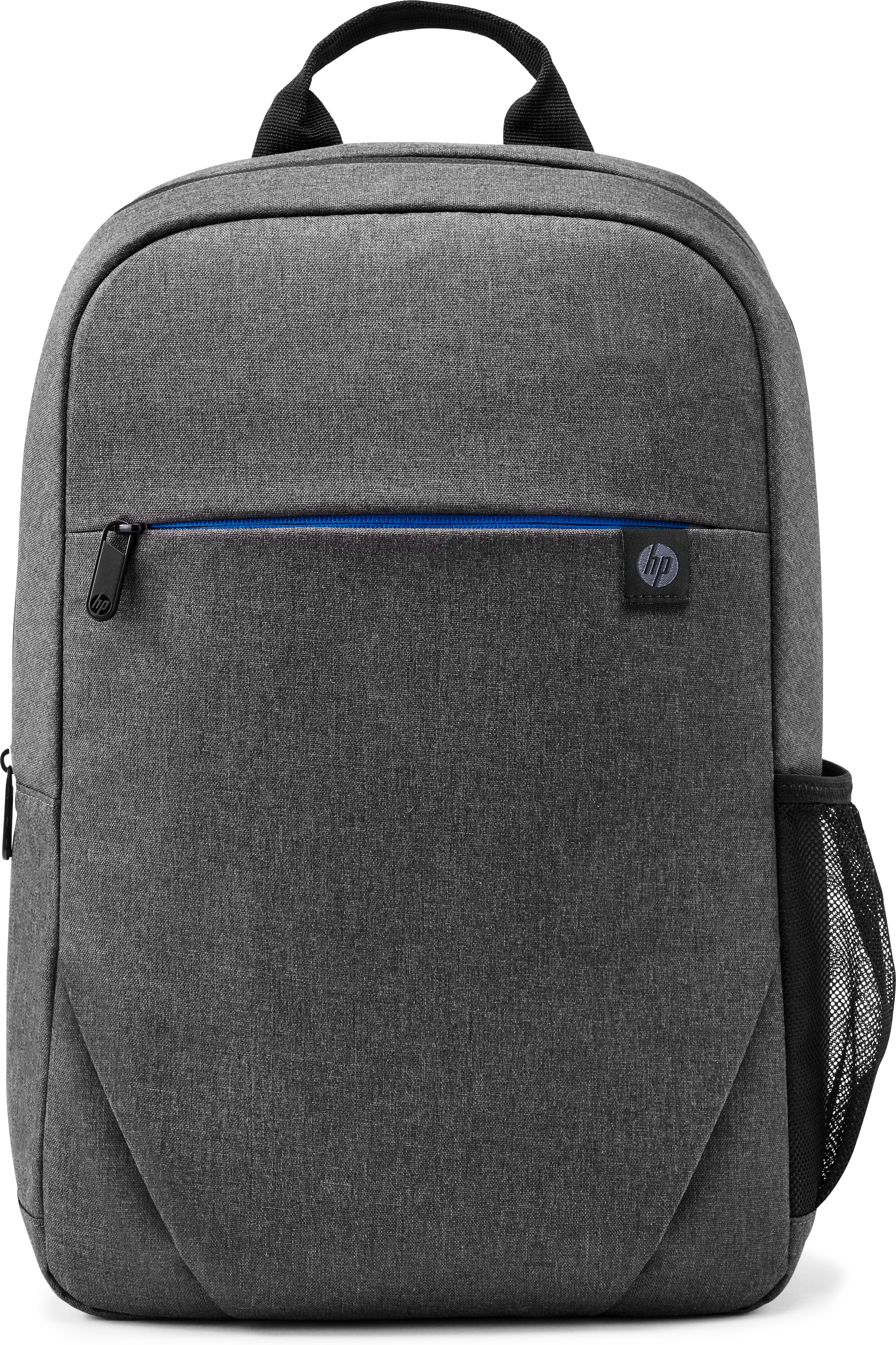 Ein grauer HP-Rucksack mit einer Vordertasche, einer Netztasche und einem blauen Reißverschluss.