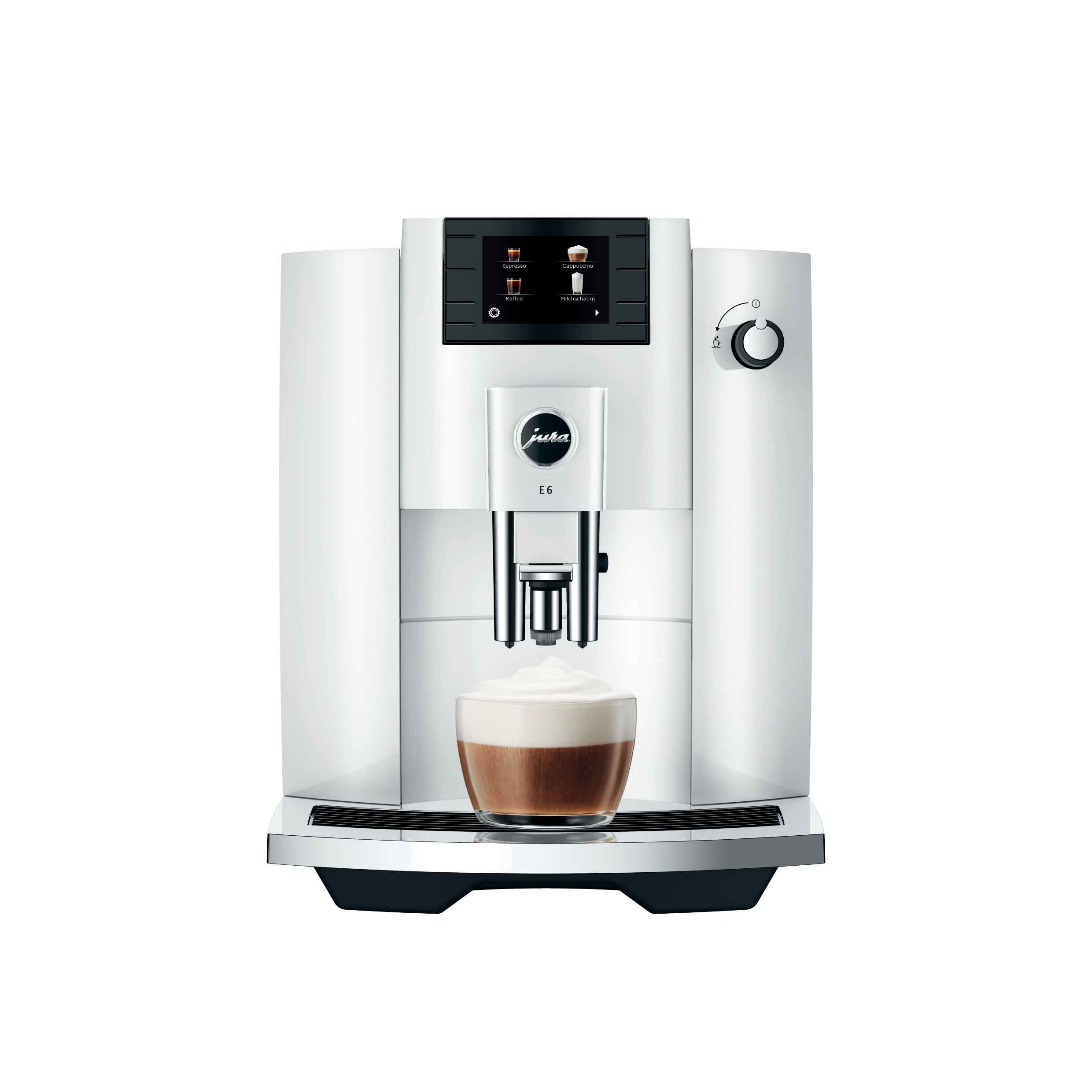 Weiße Kaffeevollautomaten, Frontansicht, mit einer Tasse unter dem Auslauf.
