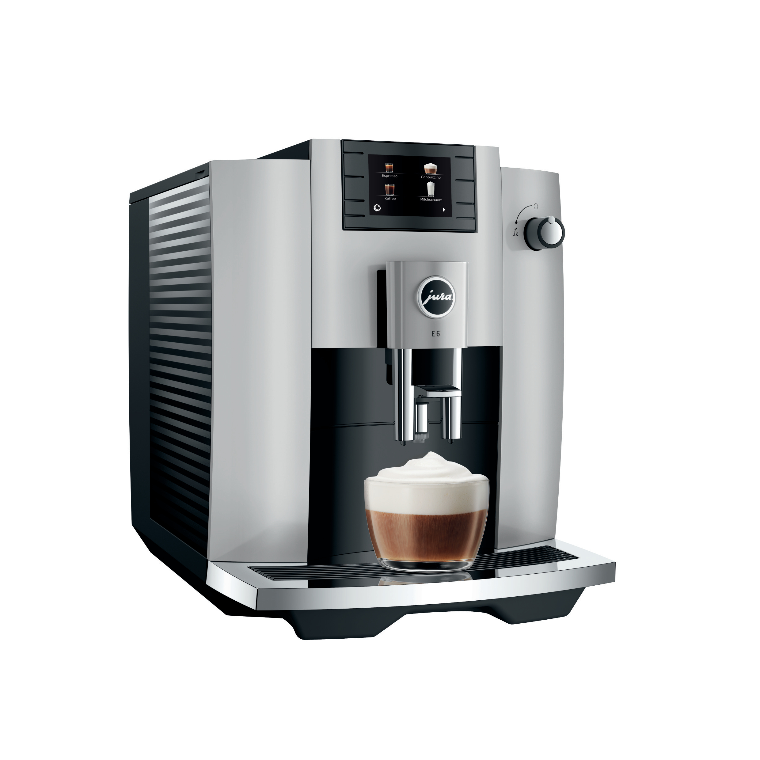 Silber-schwarze Jura E6 Kaffeemaschine. Mit Touchscreen und Tasse mit Schaum.