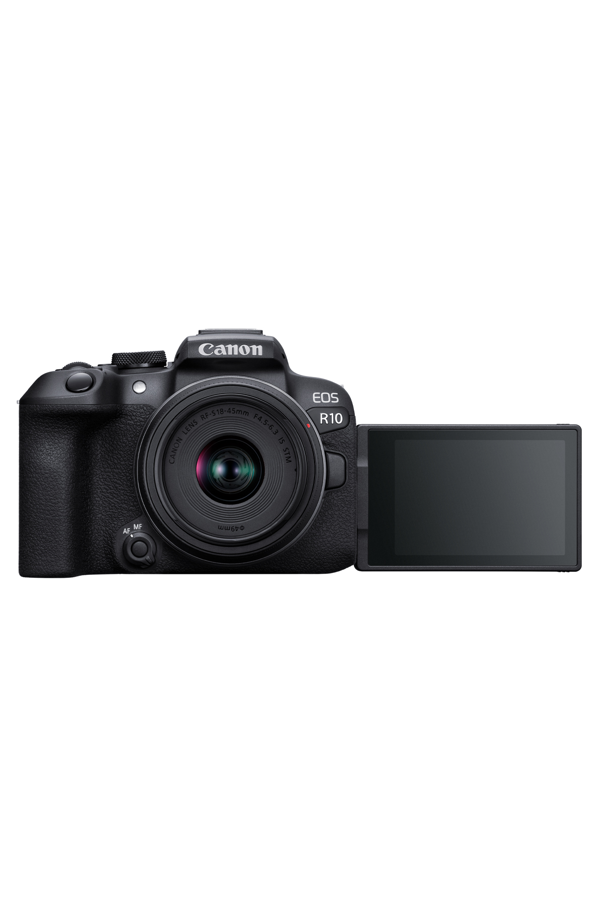 Siyah Canon EOS R10 kamera, ekranı açık. Beyaz arka plan.