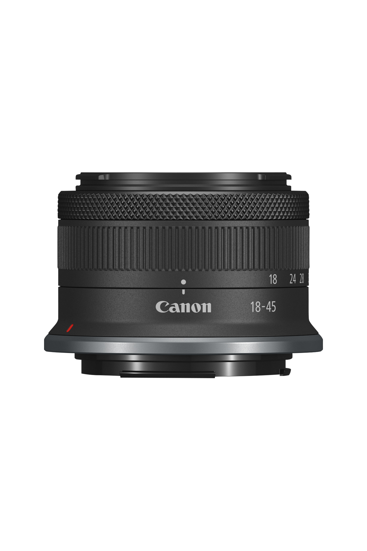 Siyah kamera lensi. Canon markası. 18, 24, 28, 45 sayıları ile zoom halkası.