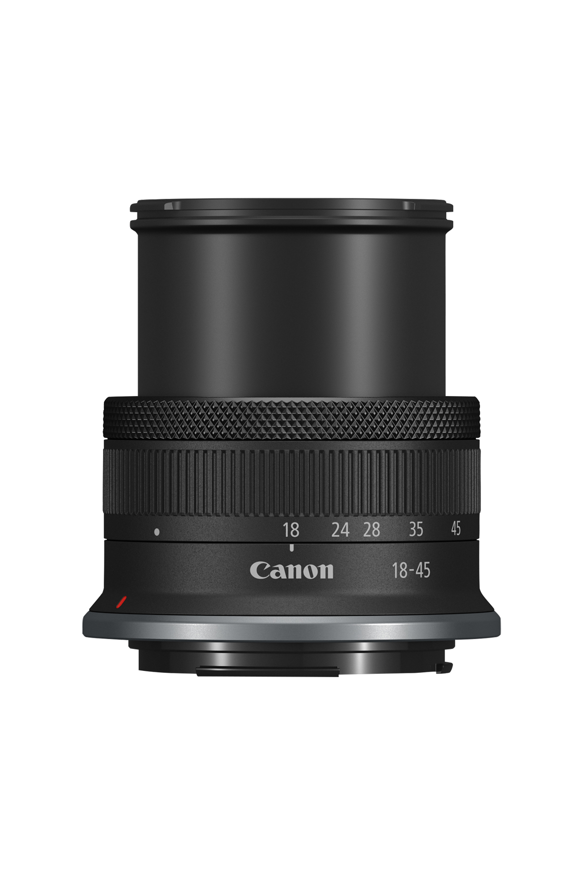 18, 24, 28, 35 ve 45 odak uzunluğu göstergeleriyle siyah bir Canon lens.