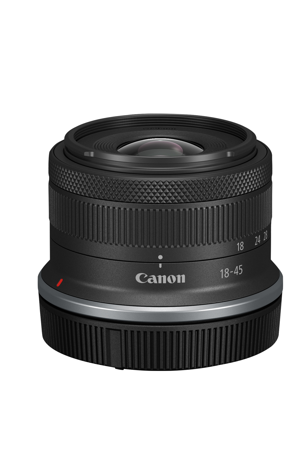Bir Canon 18-45mm lens. Lens, gümüş bir halka ve işaretlerle siyah renktedir.