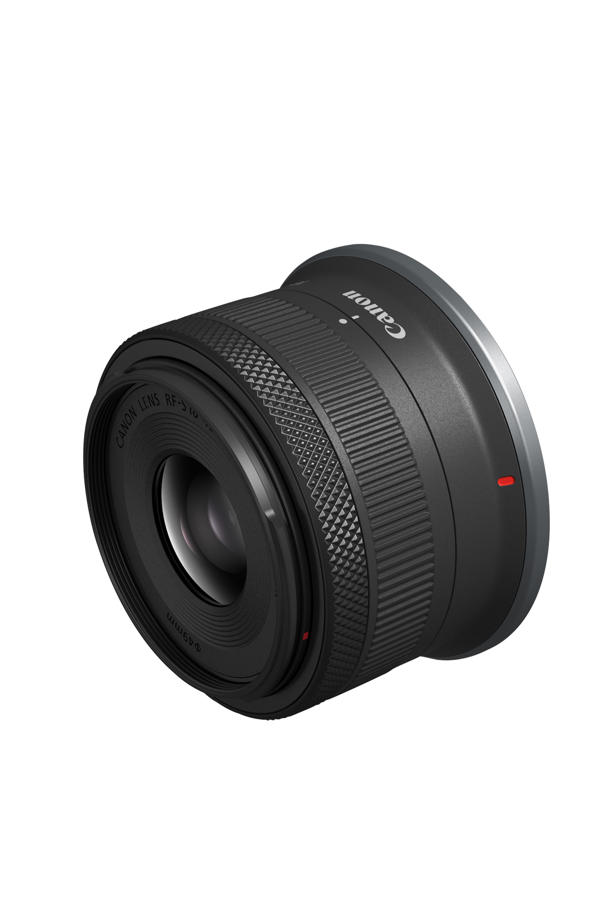 Canon lens. Siyah renkte ve kırmızı bir noktası var. Lens üzerinde Canon RF 50mm yazıyor.