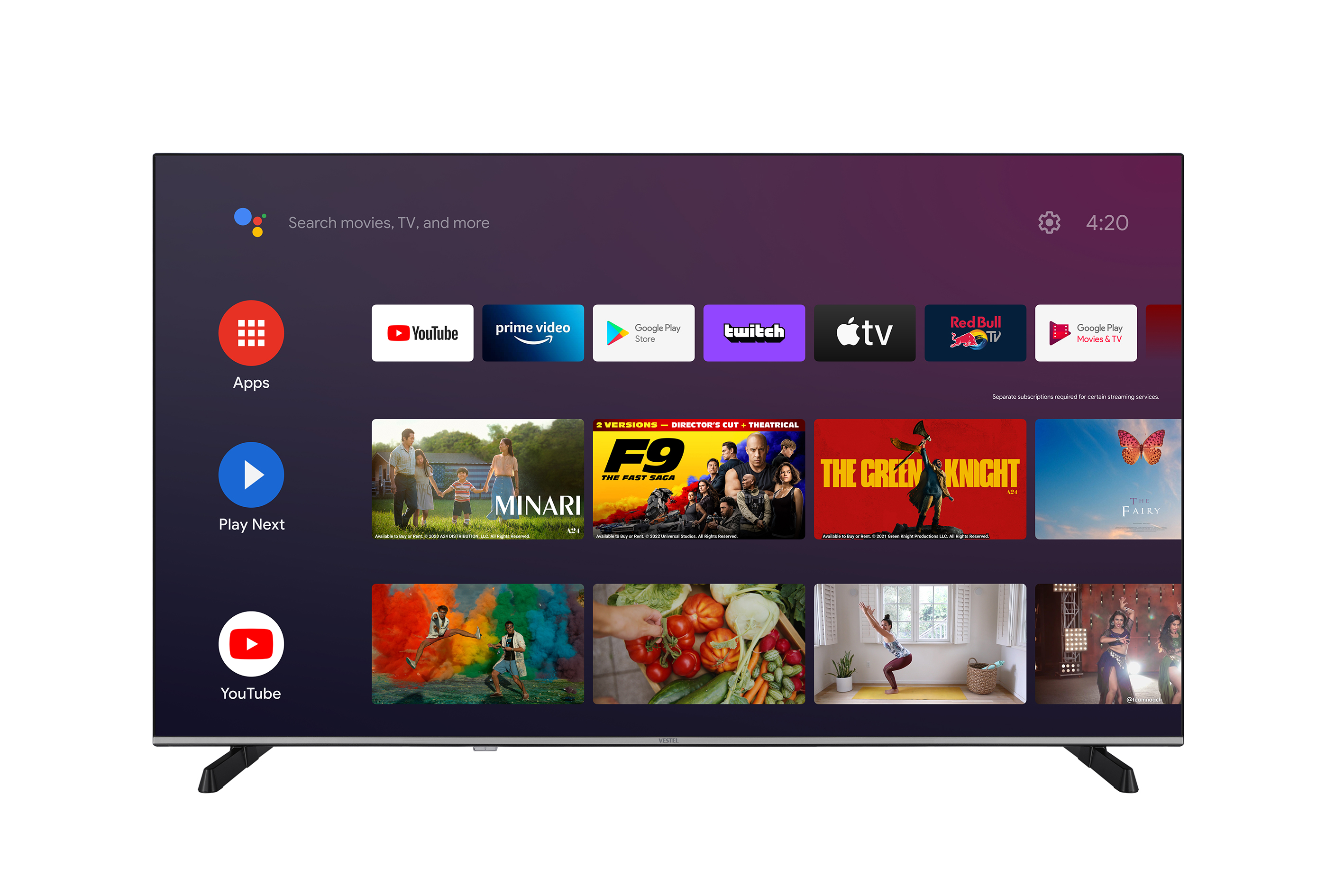 Uygulamaları ve filmleri gösteren bir TV ekranı. TV siyah ve bir stand üzerinde.