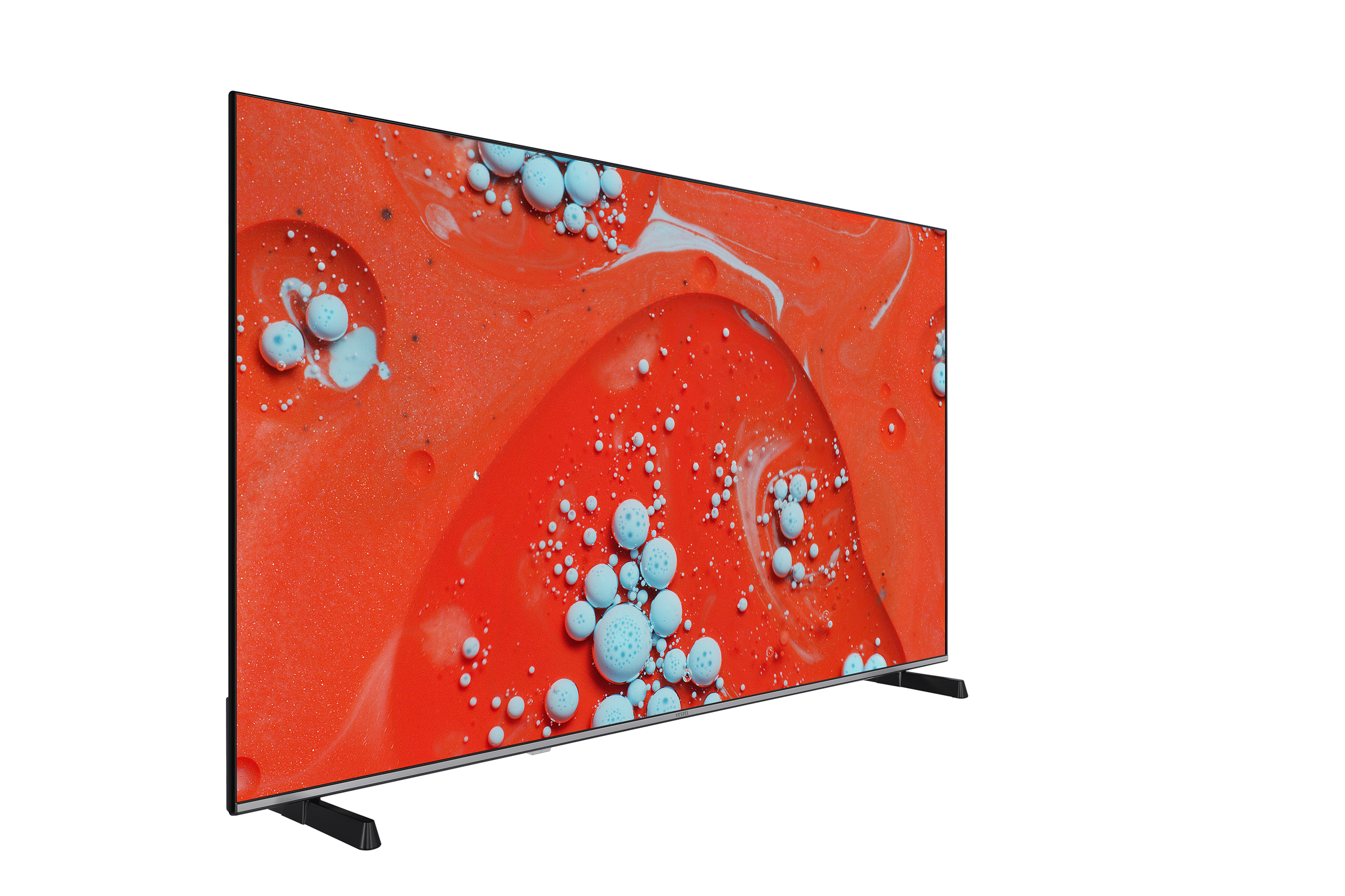 Kırmızı ve mavi soyut bir görüntüye sahip geniş ekran TV.
