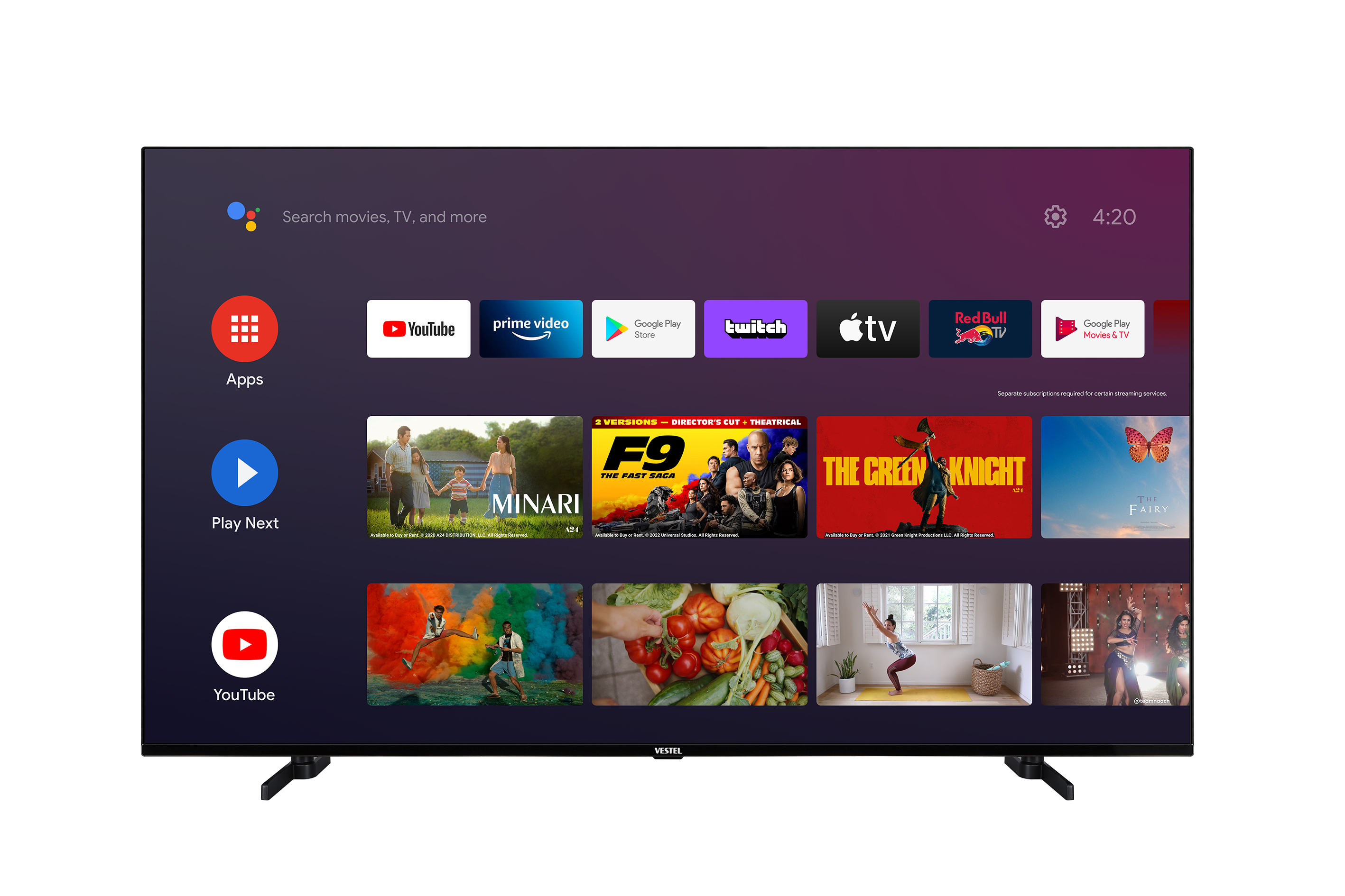 Siyah bir TV ekranı, YouTube, Netflix ve diğerleri gibi uygulamalarla bir kullanıcı arayüzü görüntülüyor.