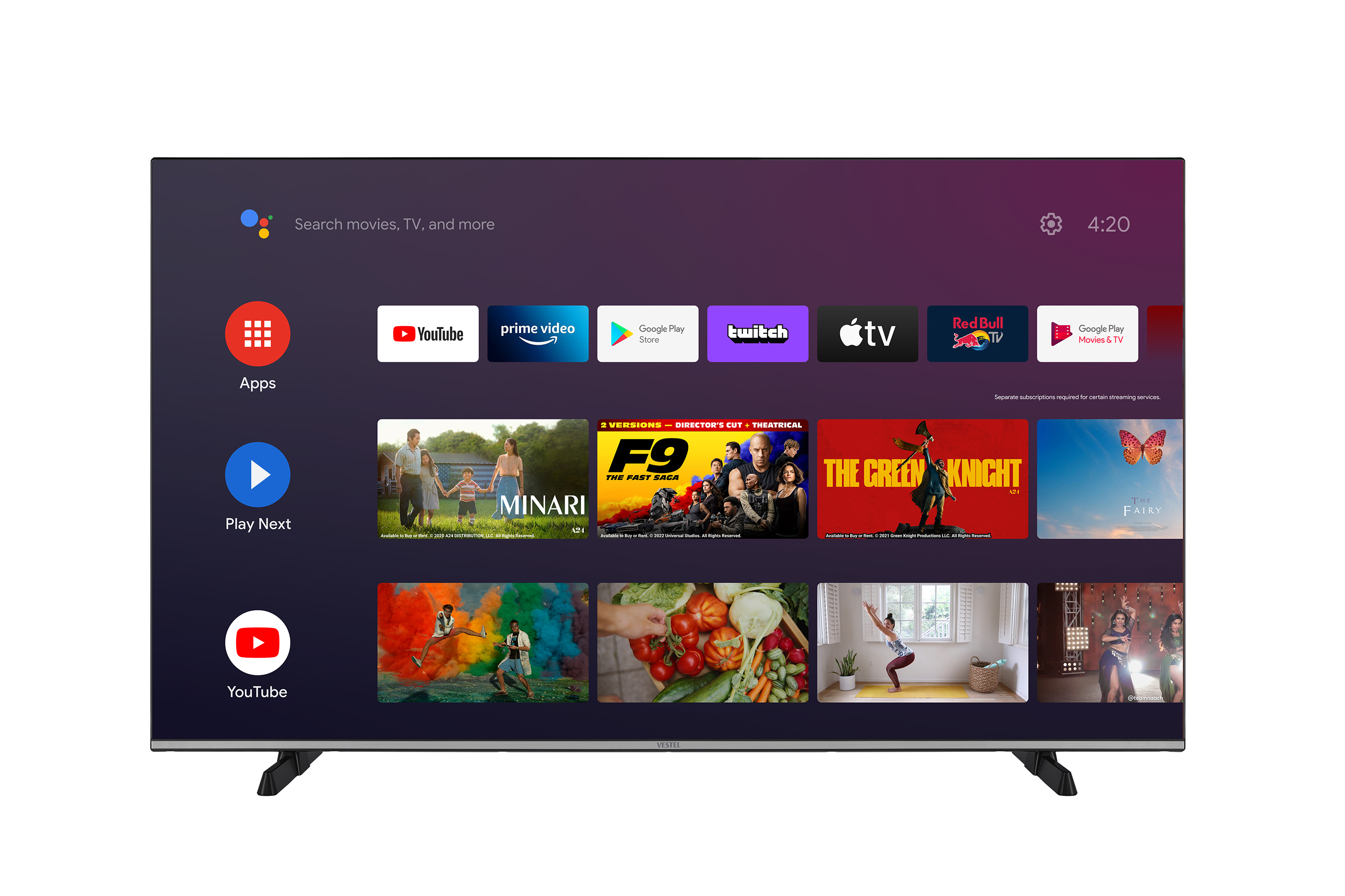 Uygulamalar ve filmler gösteren TV ekranı. Uygulamalar arasında YouTube, Prime Video ve Twitch var. Film başlıkları görünür.