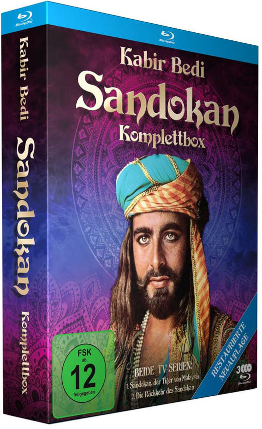 Sandokan DVD-Box. Porträt eines Mannes mit Turban. Buntes Design auf der Box.