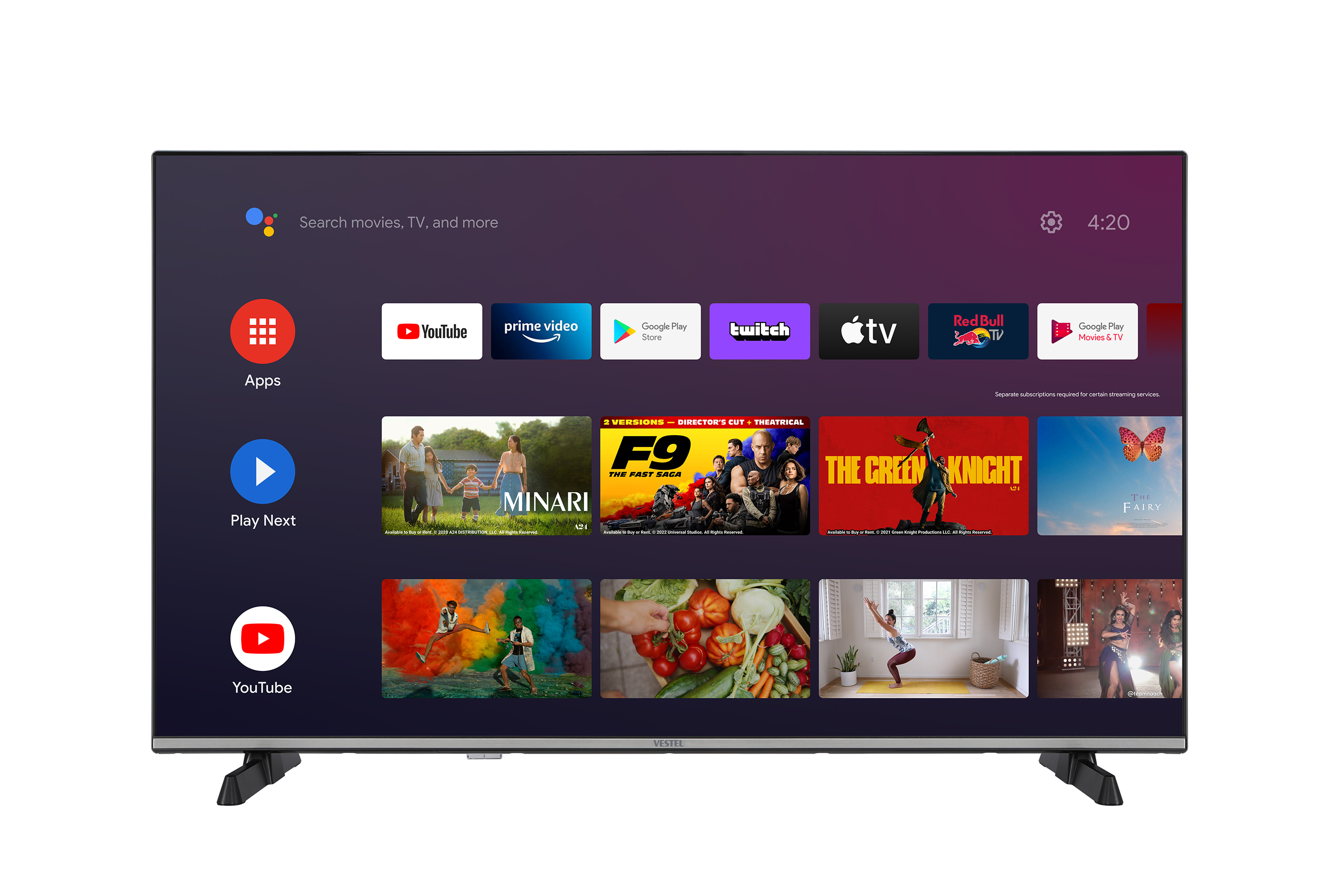 Uygulamaları ve filmleri gösteren bir TV ekranı. TV beyaz bir arka plan üzerinde.