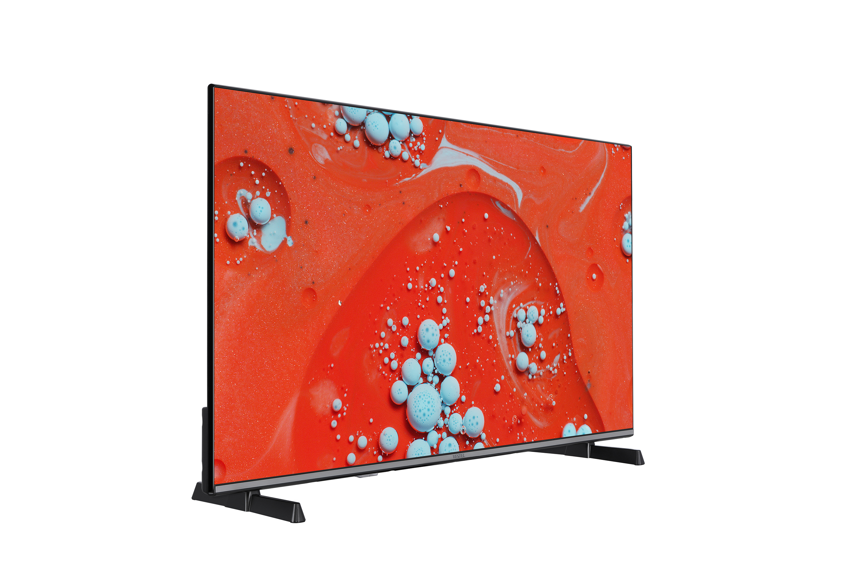 Beyaz bir arka plan üzerinde modern bir TV ekranı. Mavi dairelerle kırmızı bir arka plan gösterir.