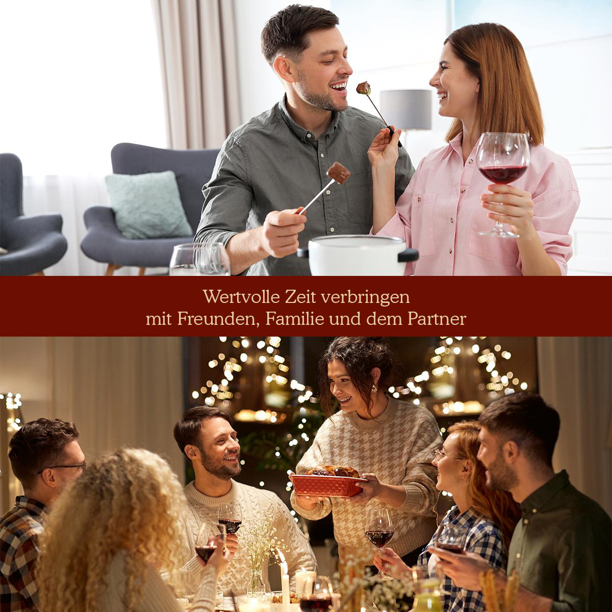 Personen essen Fondue, mit Weingläsern. Eine andere Gruppe isst an einem Tisch.