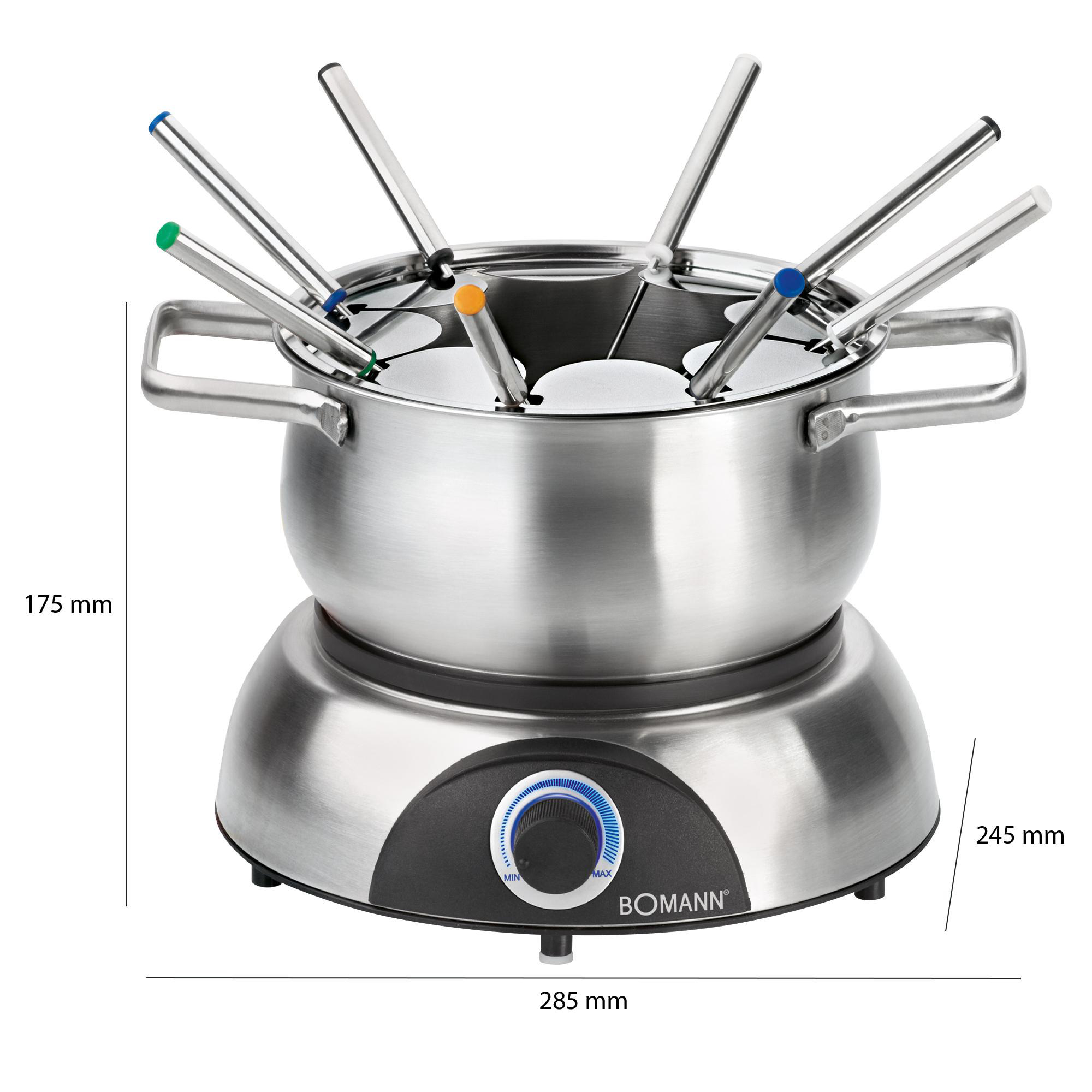 Ein Edelstahl-Fondue-Topf mit Brenner und acht Fonduegabeln, mit Abmessungen in Millimetern.