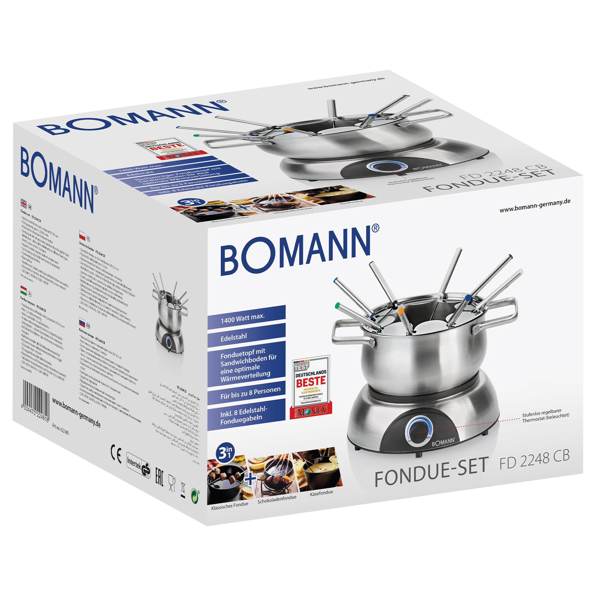 Fondue-Set-Box mit einem silbernen Set im Inneren. Die Box ist weiß und blau mit Bildern und Text.