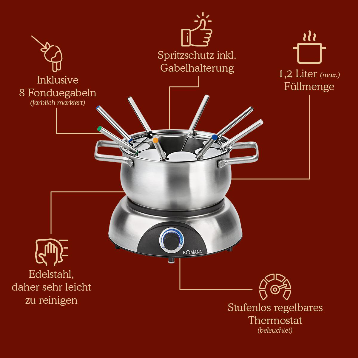 Ein Edelstahl-Fondue-Topf mit Textbeschriftungen und Illustrationen. Der Hintergrund ist dunkelrot.