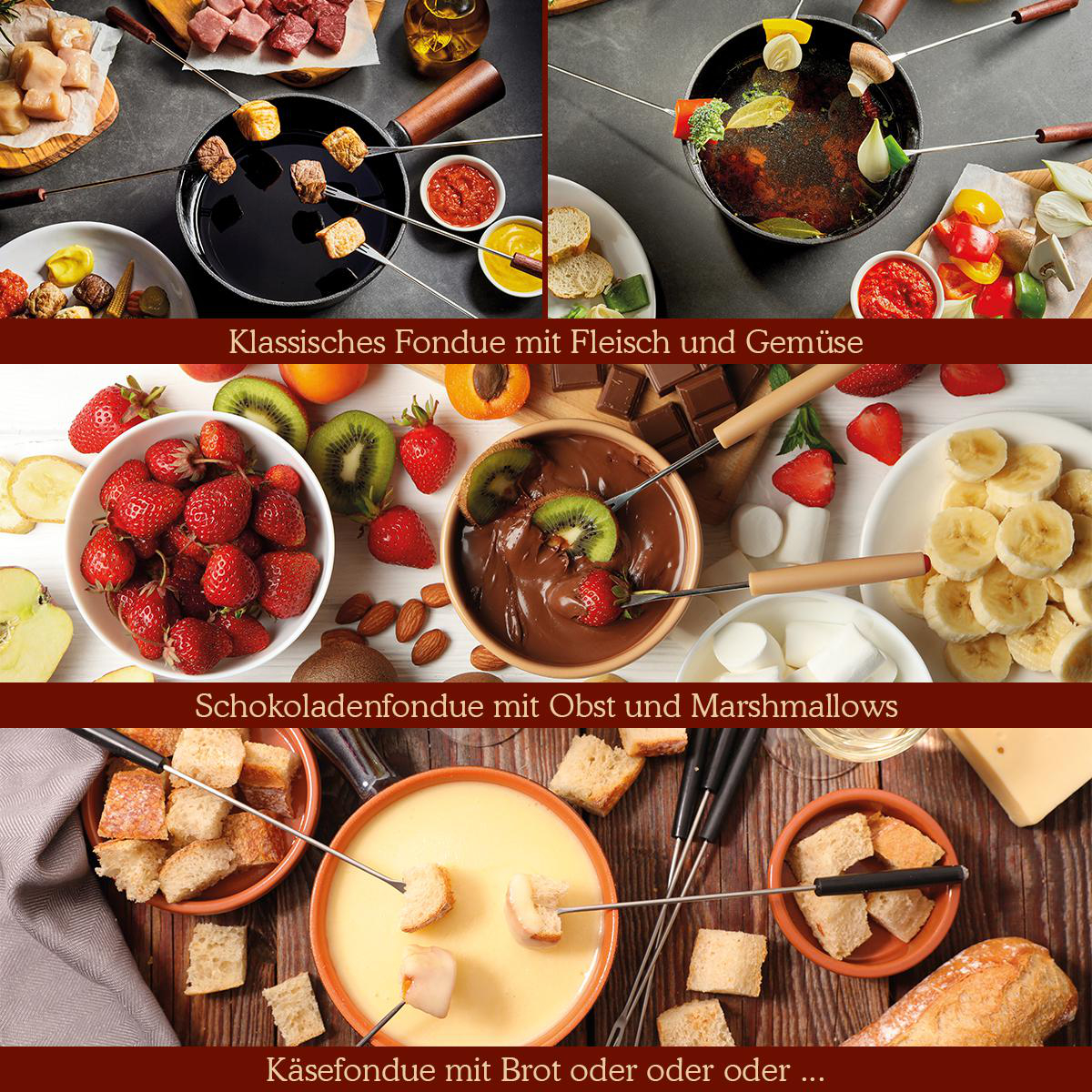 Vier Fotos von Fondue. Fleisch, Gemüse, Schokolade mit Früchten und Käse mit Brot.