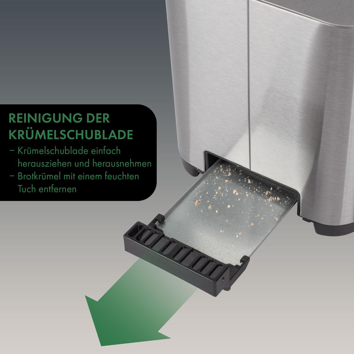 Brotkrümel in einer herausgezogenen Schublade eines Toasters.