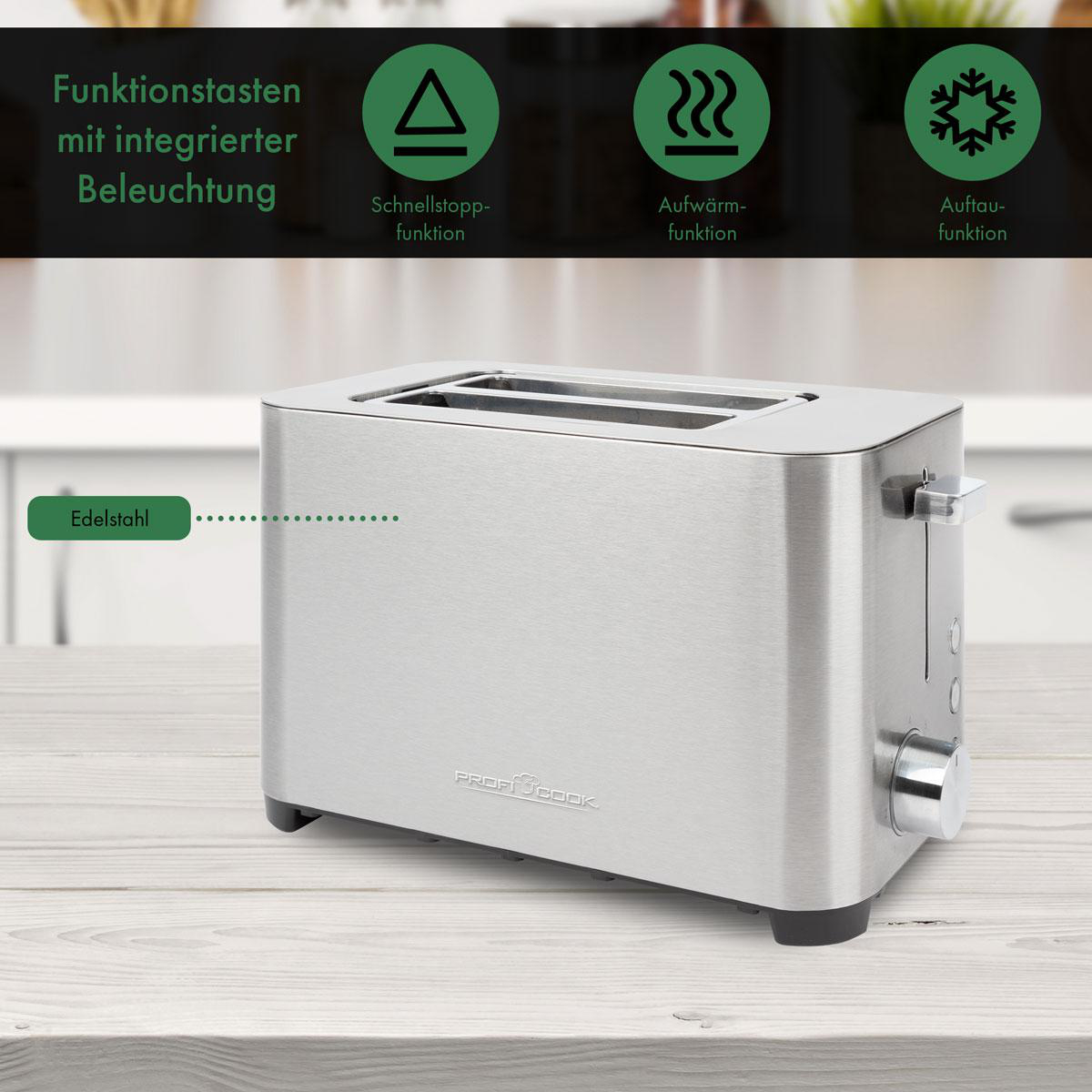 Edelstahl-Toaster mit Funktionen wie Stopp, Aufwärmen und Auftauen.