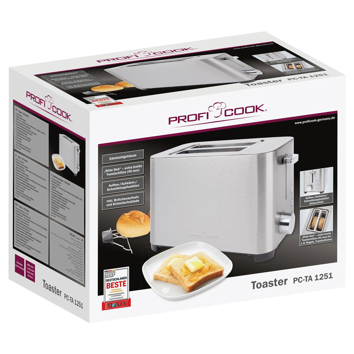 Verpackung eines silbernen Toasters von ProfiCook mit der Modellnummer PC-TA 1251.