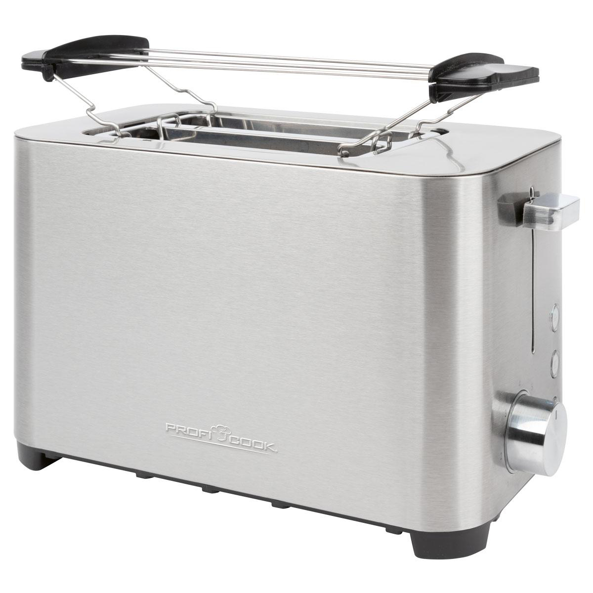 Ein silberner Toaster mit zwei Schlitzen und einem Brötchenaufsatz.
