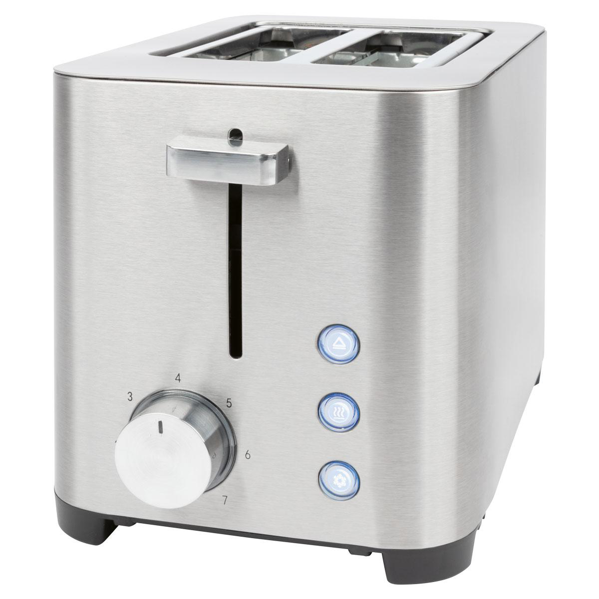 Ein silberner Toaster mit drei Knöpfen und einem Drehregler.
