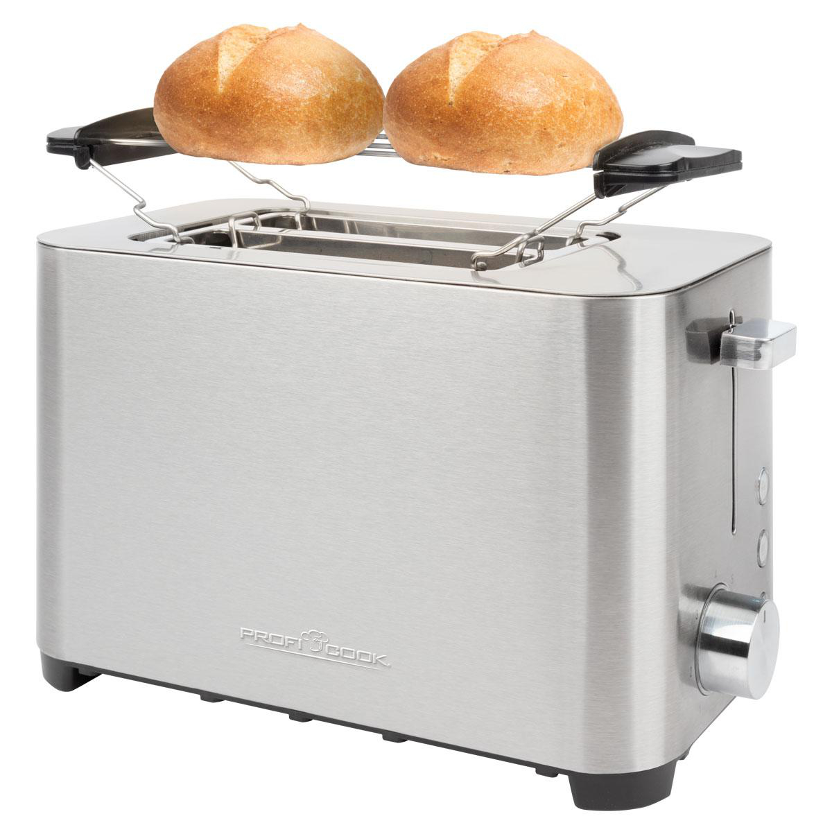 Ein silberner Toaster mit zwei Brötchen im oberen Schlitz.